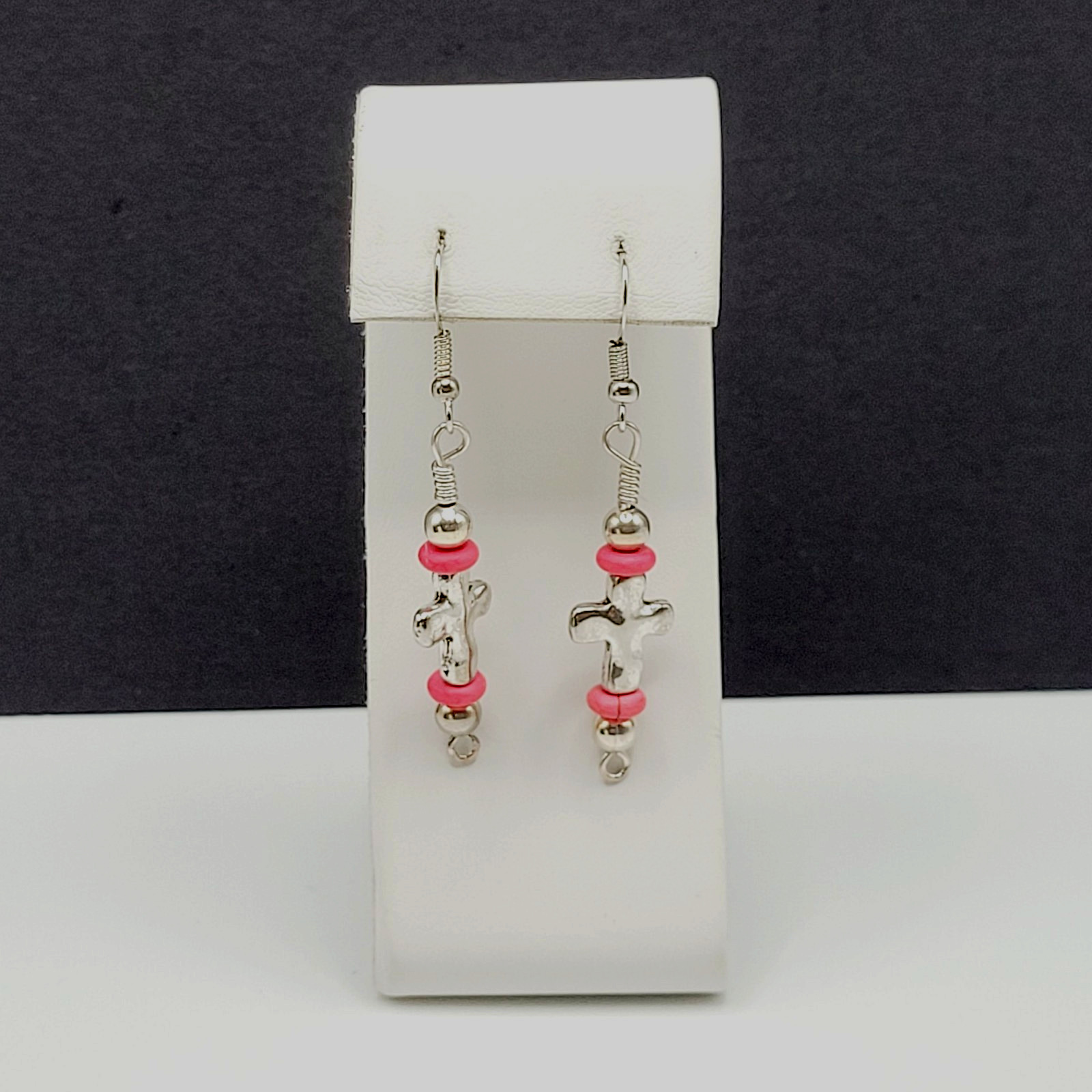 Southwestern Silver Tone Cross w Pink Ceramic Bead Metal Hook Pierced Earrings