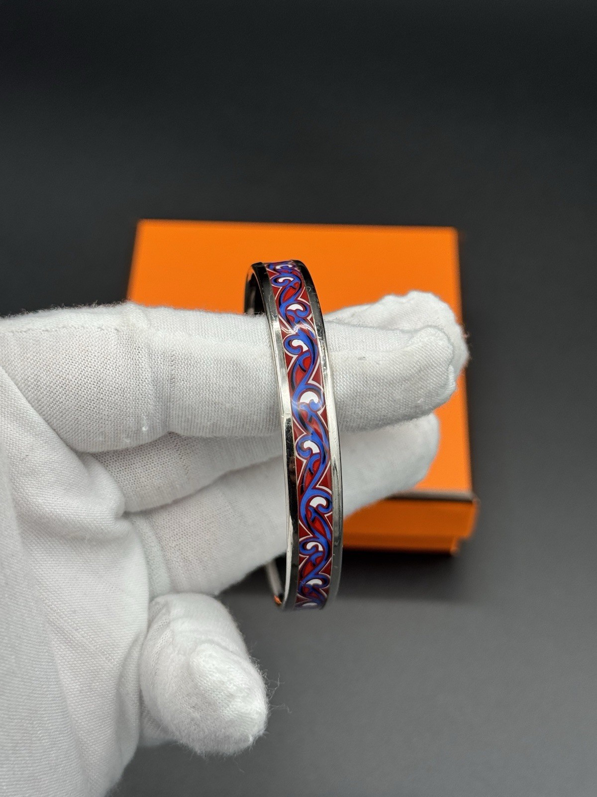 HERMÈS Signed Enamel & Metal Bangle Bracelet Multicolor Swirl Pattern