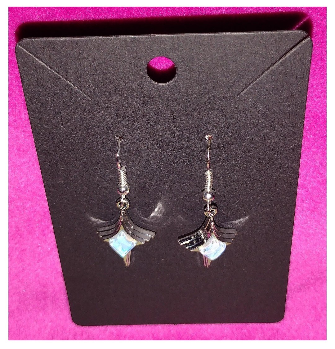 Synthetic Opal Gemstone Pyramid 4-Pointed Cross Star Dangle Drop Silver Earrings