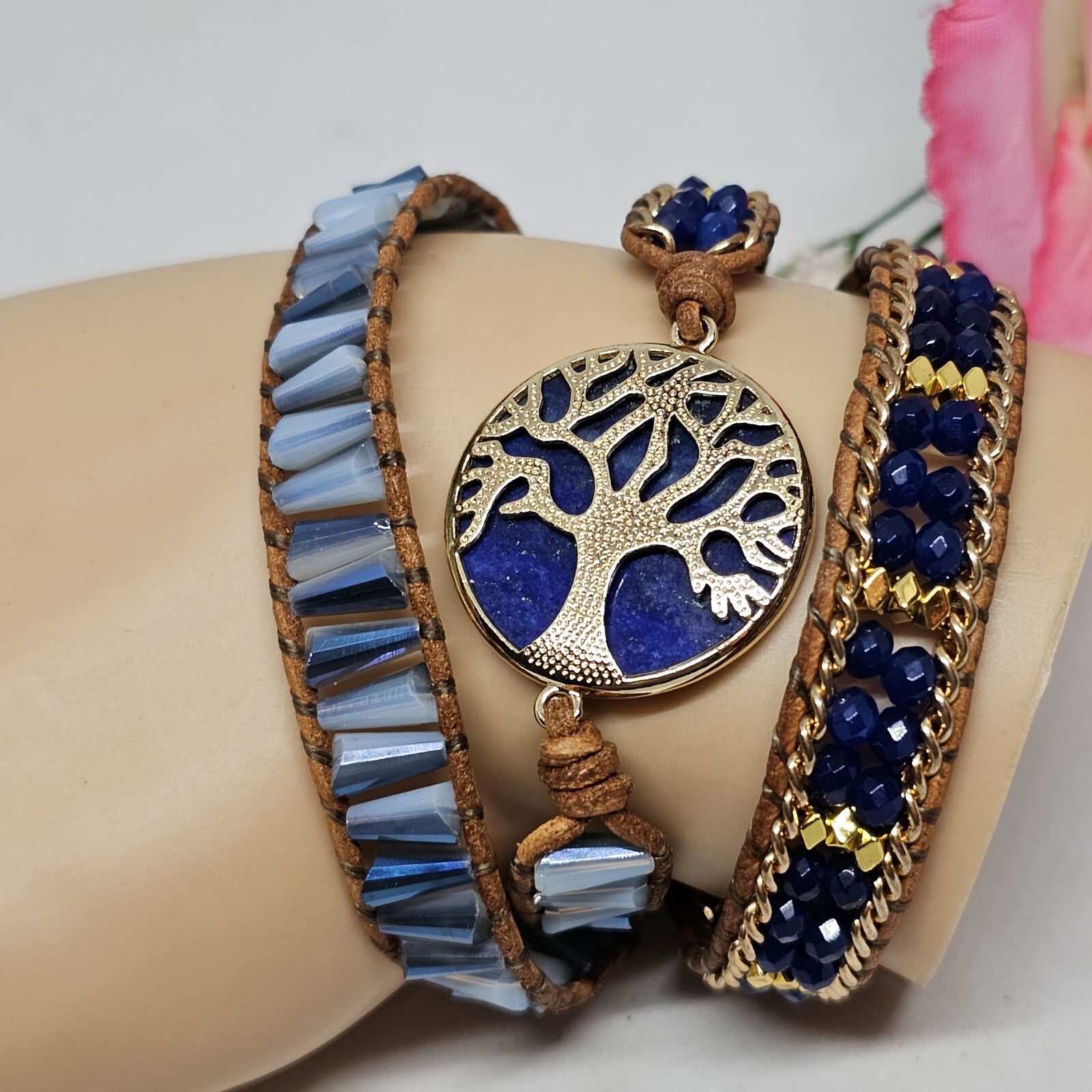 Blue Lapis Lazuli Tree of Life Bracelet Gold Crystal Braded Wrap Leather Boho