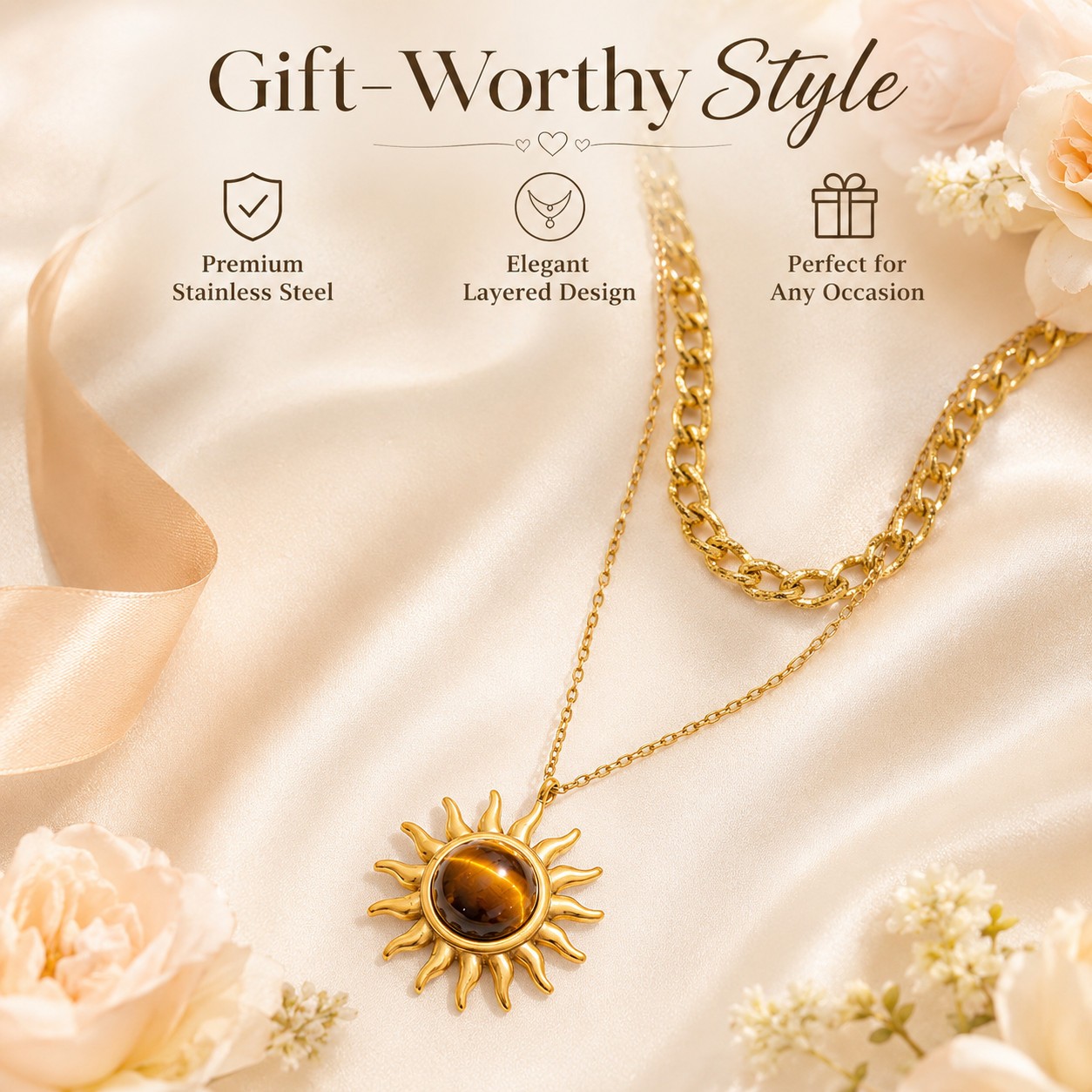Gold Stainless Steel Tiger Stone Sun Necklace Layered Chain Pendant Jewelry Gift