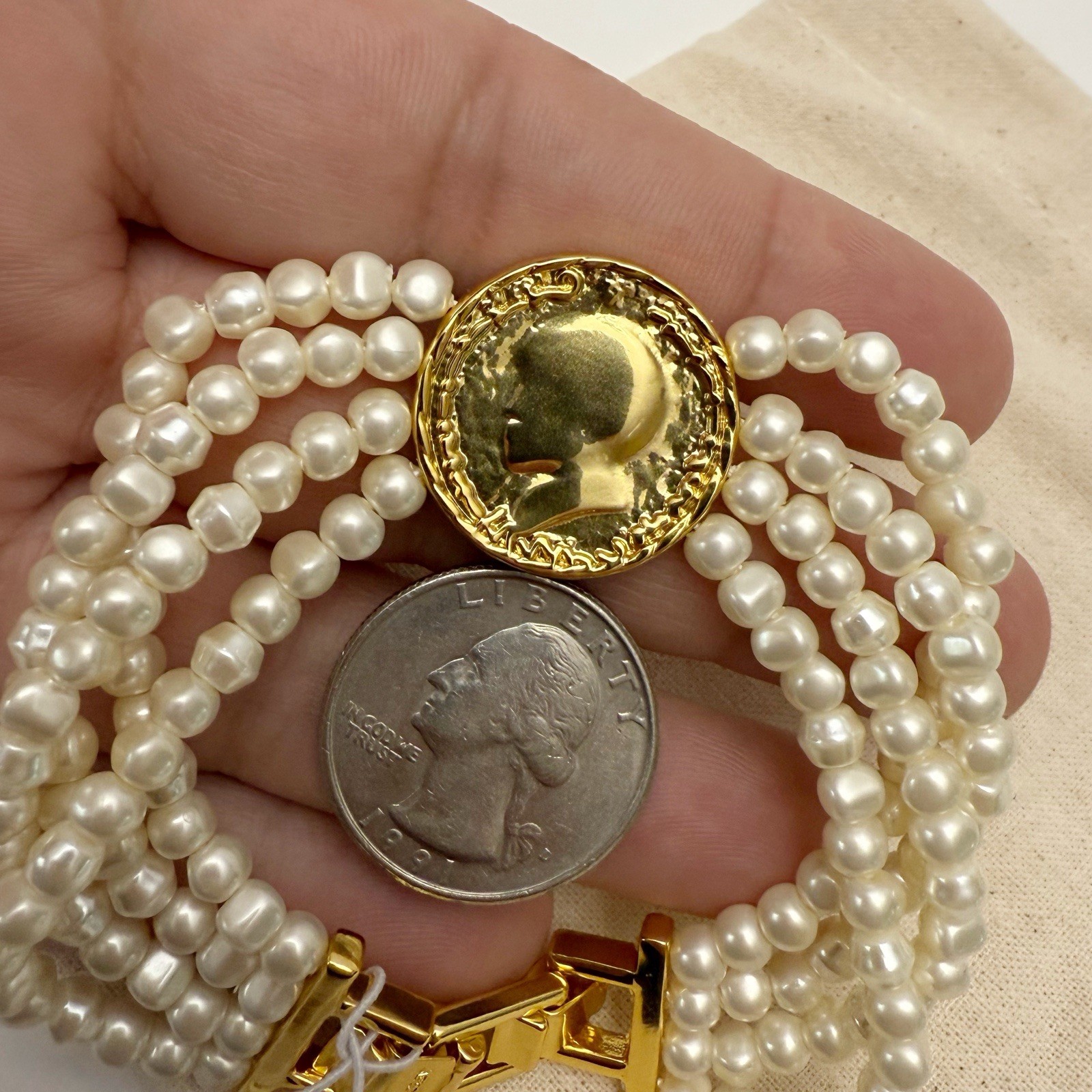 J. Crew Multi Strand Faux Pearl Multi Strand Beaded Roman Coin Bracelet NEW
