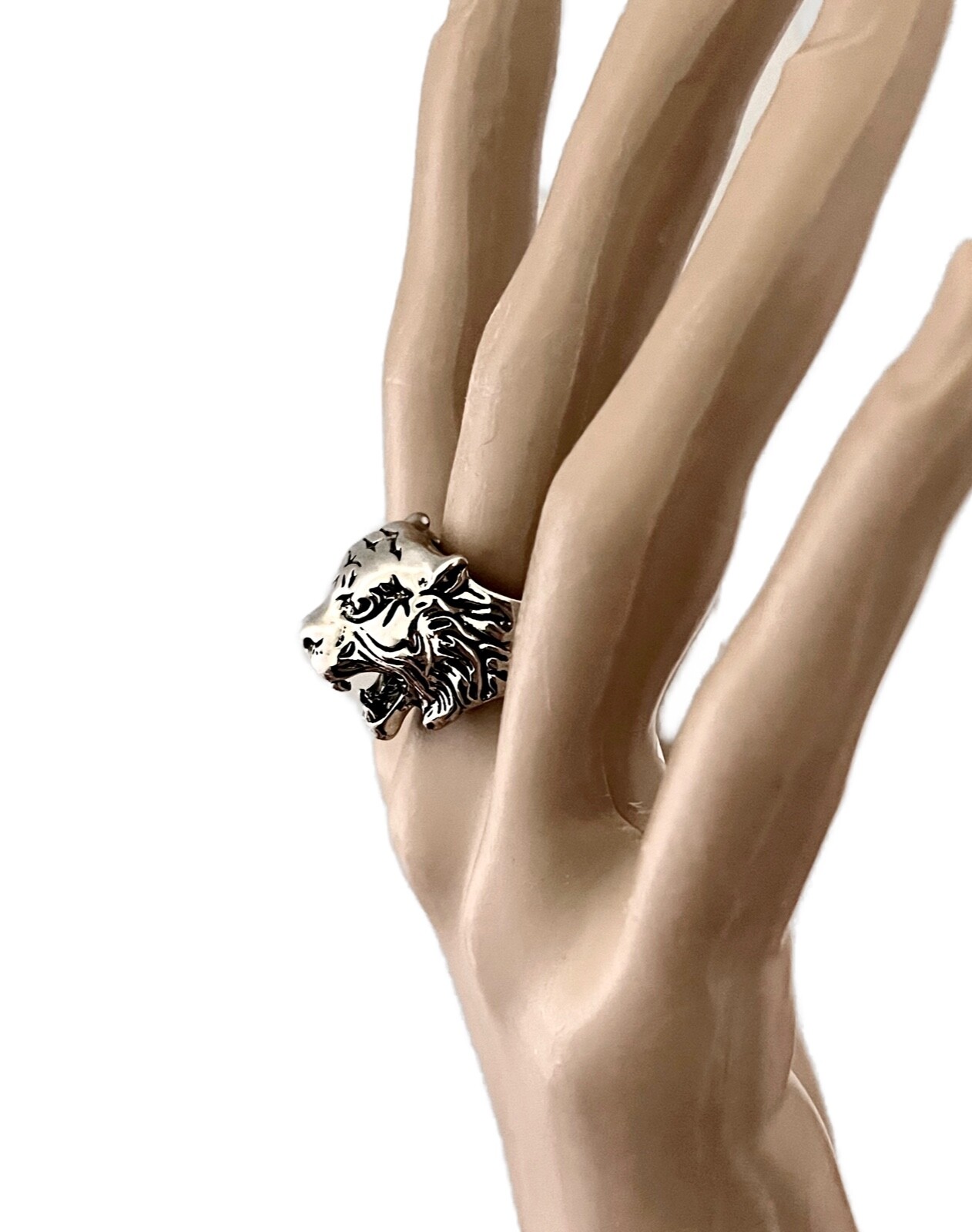 1″ Wide Silver Tone Tiger Head Casual Everyday Statement Unissex Ring Size 8