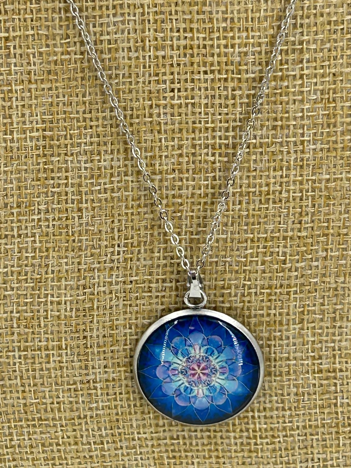 Silver Round Pendant Necklace 18-20 Inch Blue Mandala Design