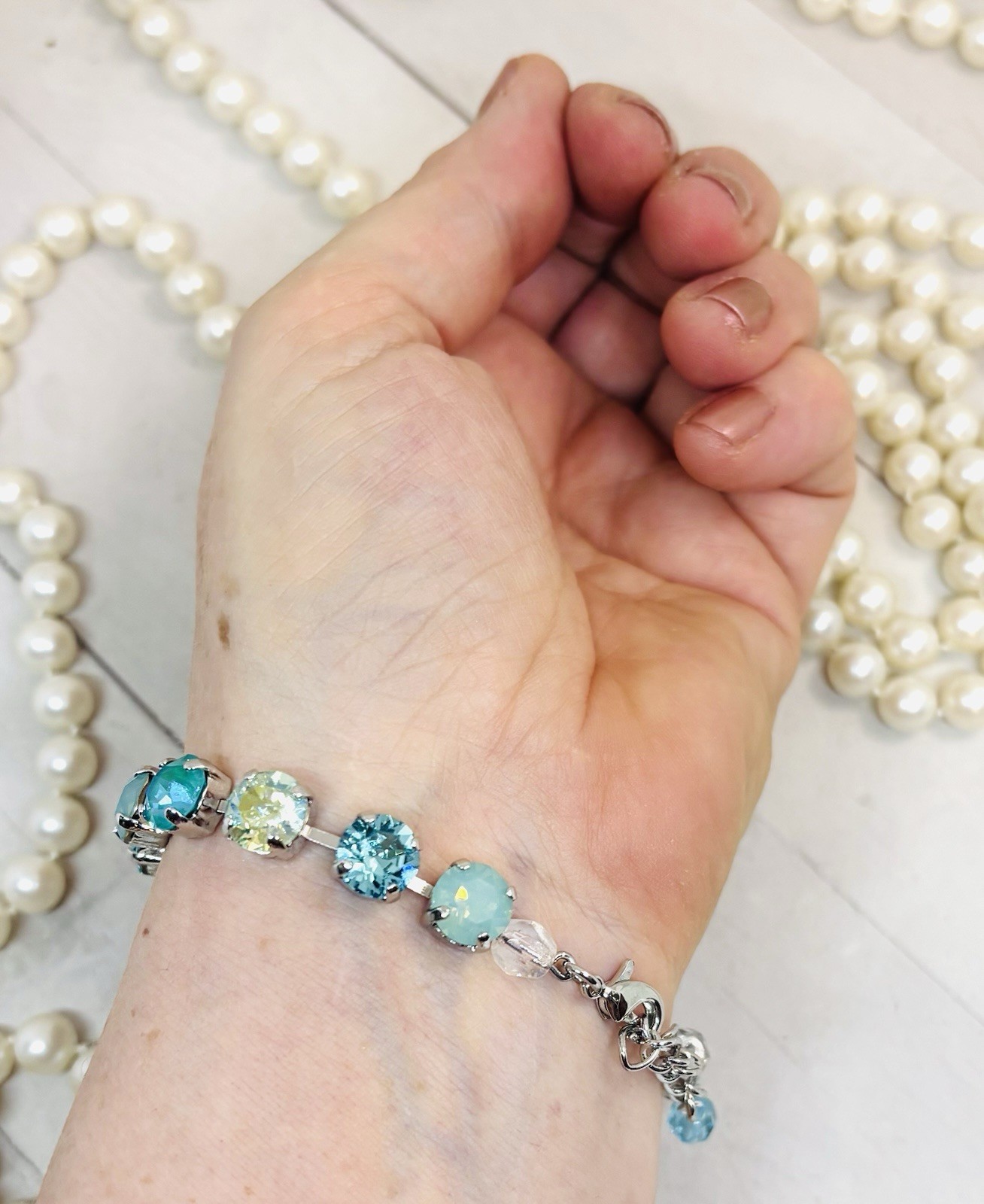 8mm Shiny Silver Plated Mint Green PACIFIC OPAL Teal Cup Chain Tennis Bracelet