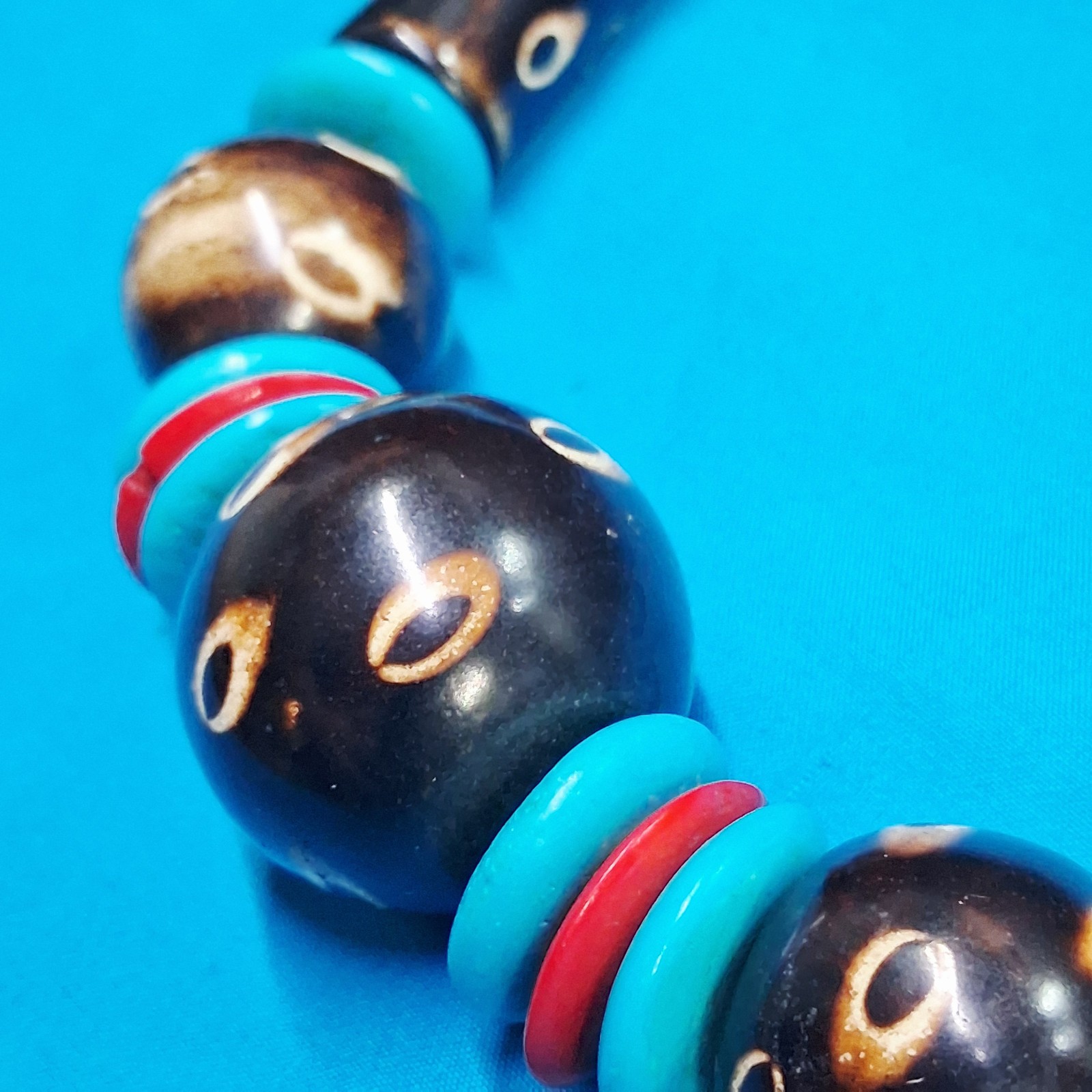 Vintage Channel Set Wood Bead Dotted Design Statement Necklace