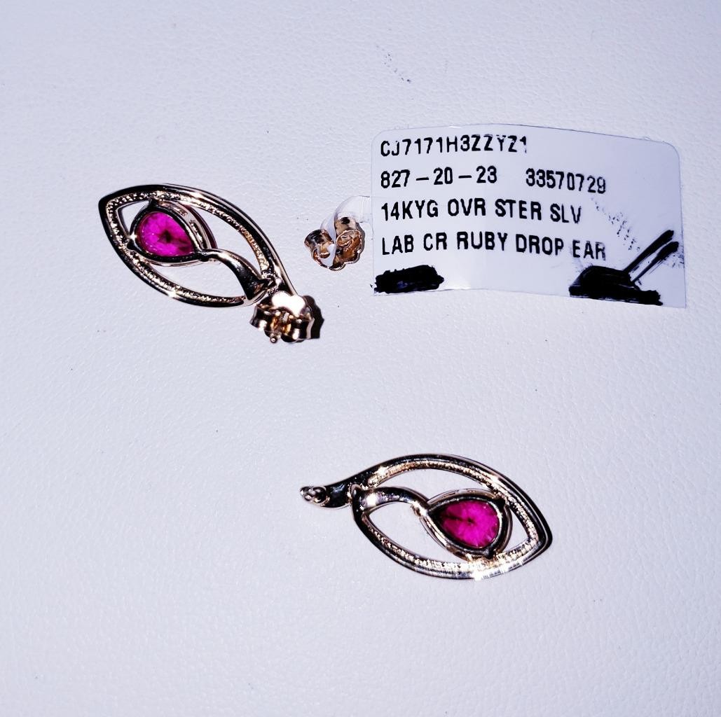 14KT Gold Vermeil Over 925 Sterling Silver Lab-Created Ruby Drop Earrings (3.0 g