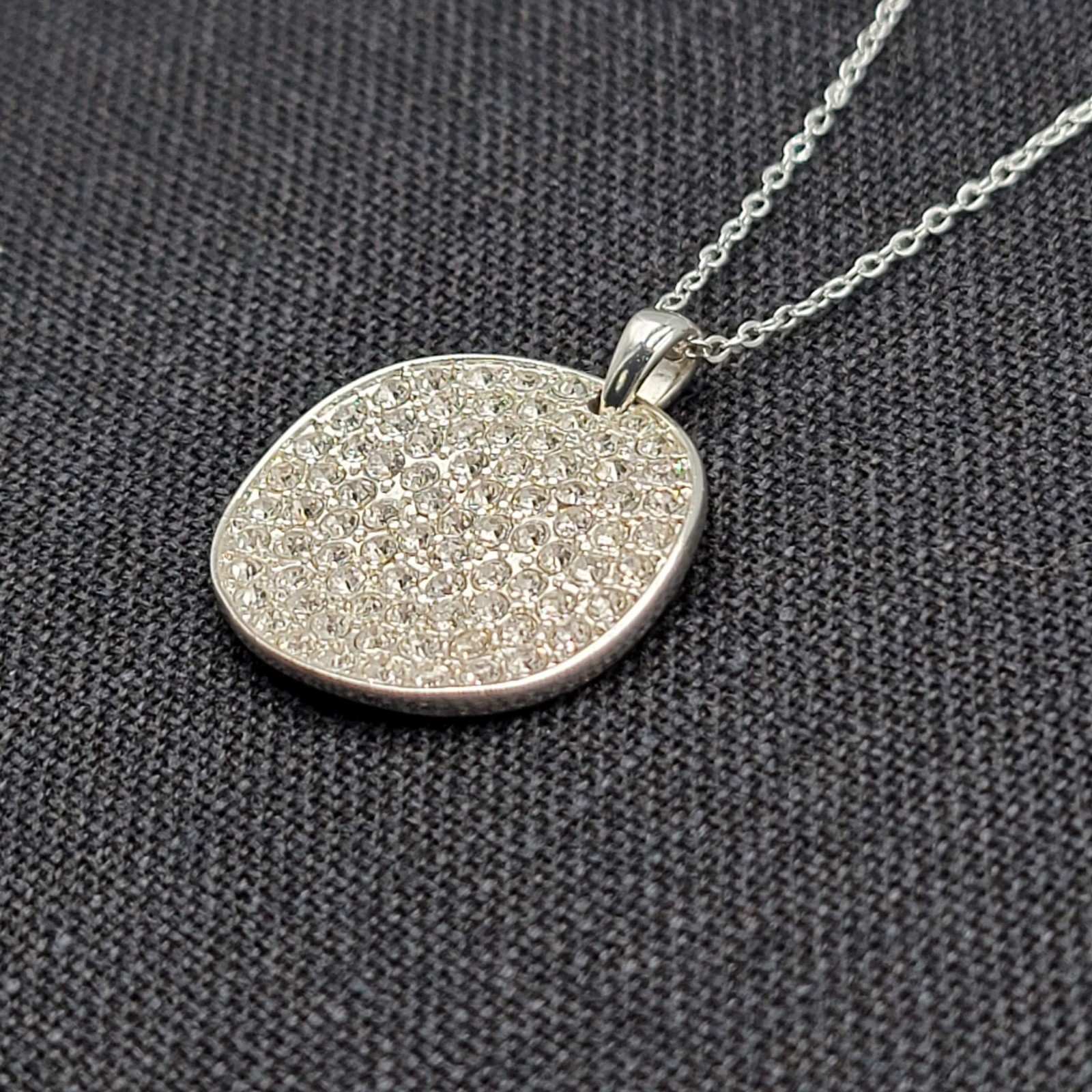 Pave Crystal Round Pendant Necklace Silver tone 18″ adj