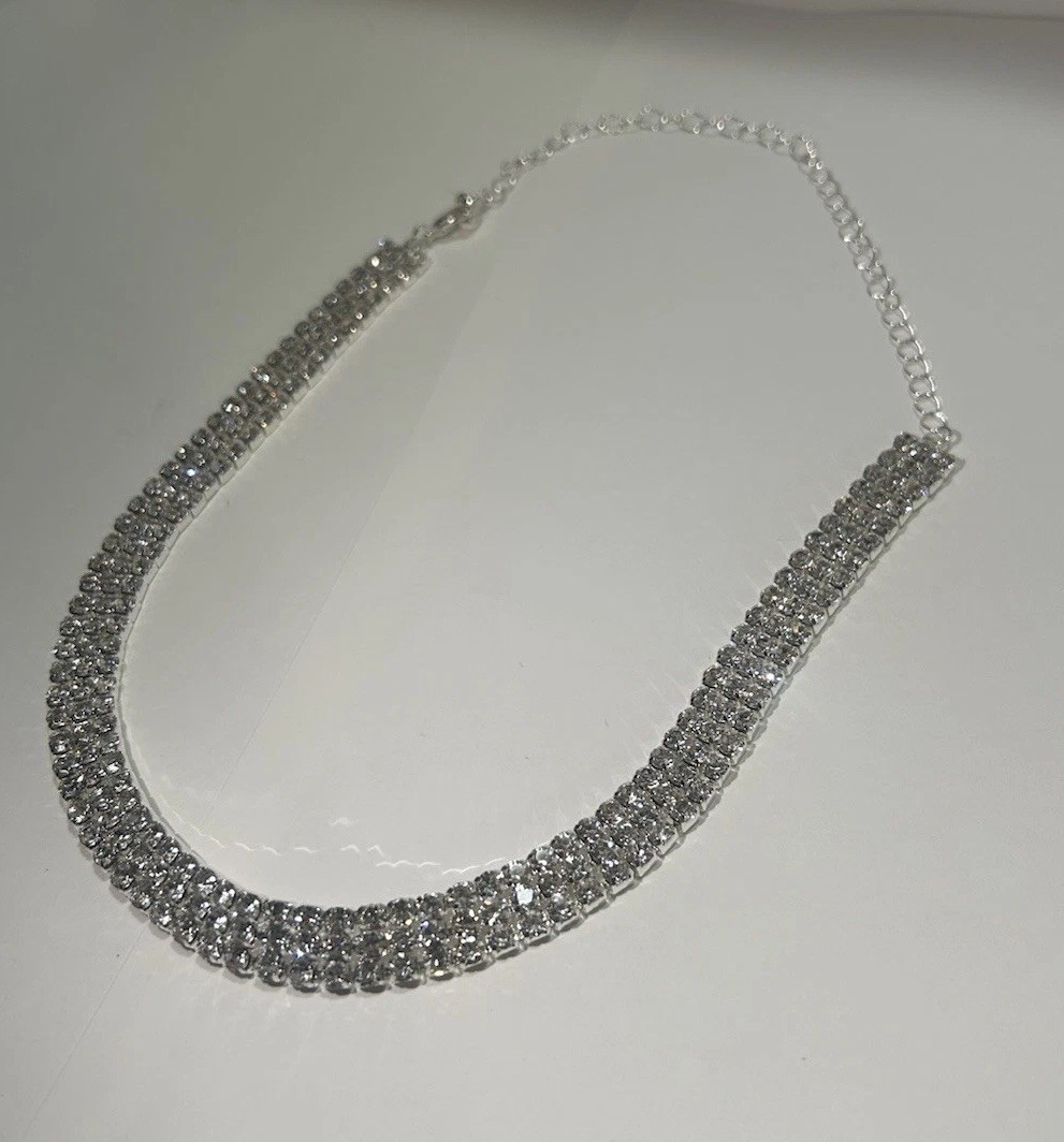 Iced Out CZ Tennis Necklace Silver Plated Adjustable 11.5-18in Chain