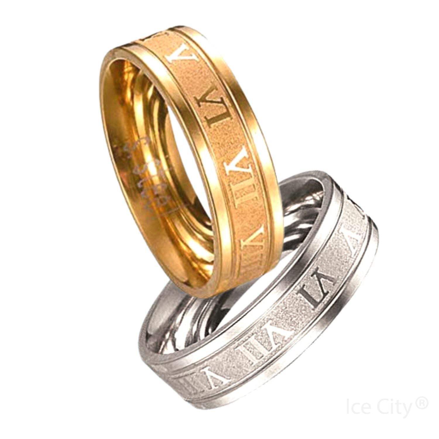 Ice City Roman Numeral Wedding Band Ring, Stainless Steel Rings Men Size 6-12