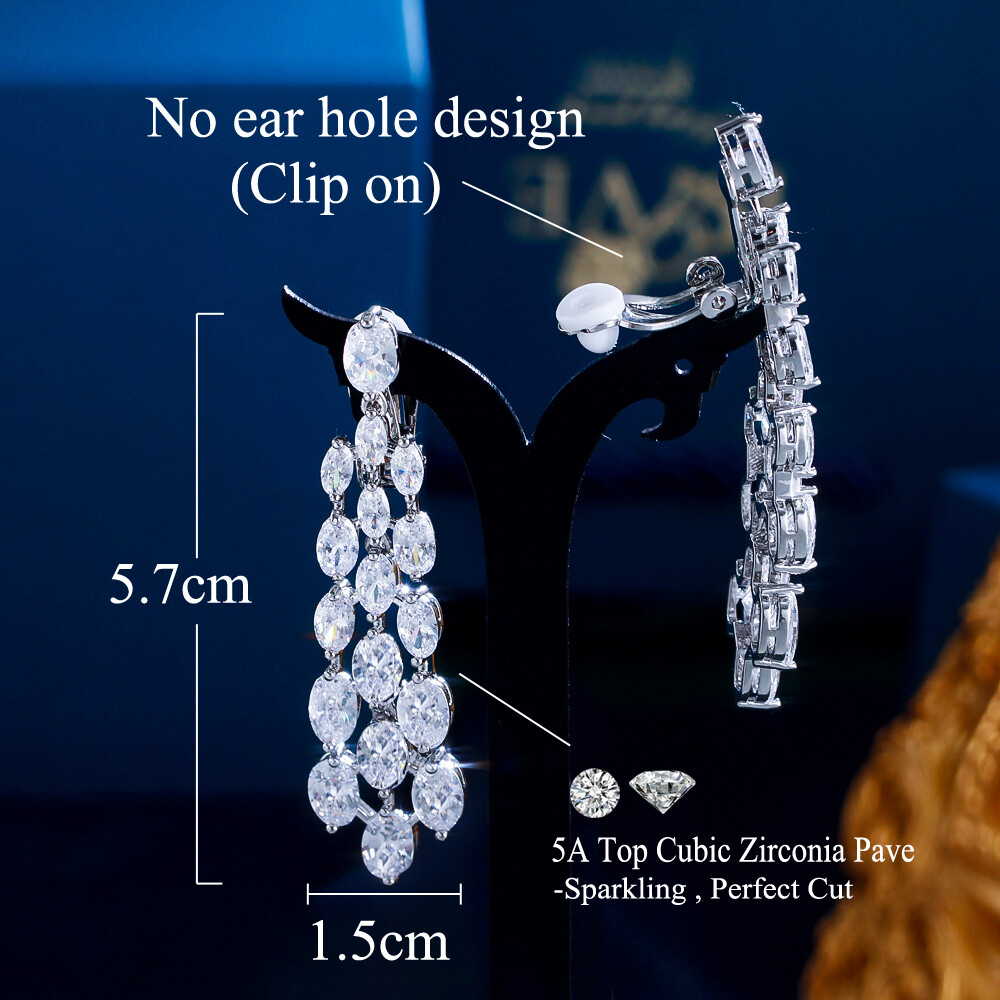 Clip On Long Chandelier Drop Earrings Silver Plated Cubic Zircon Wedding Jewelry