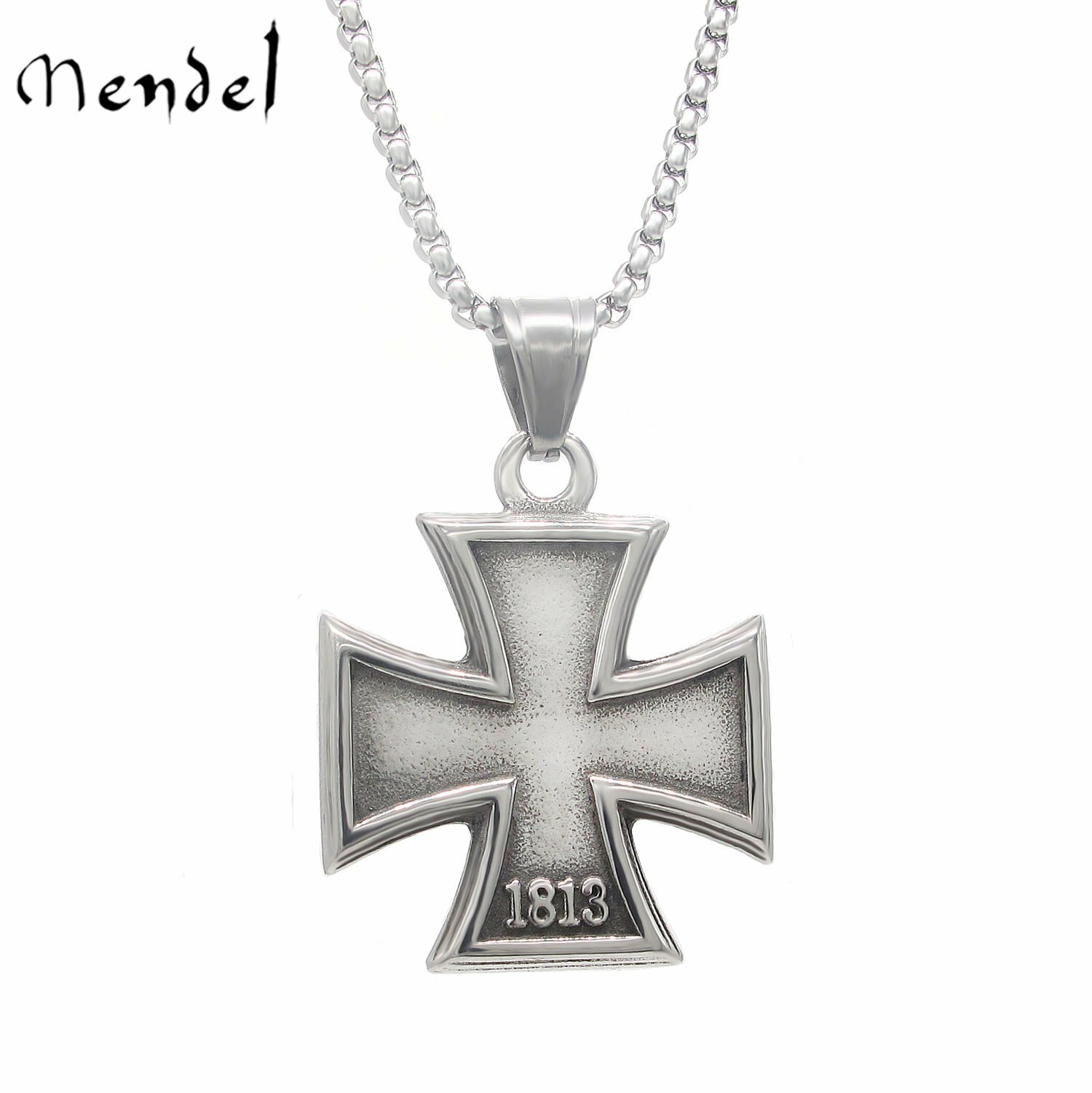 MENDEL Mens Stainless Steel 1813 1939 WW2 German Iron Cross Pendant Necklace Men