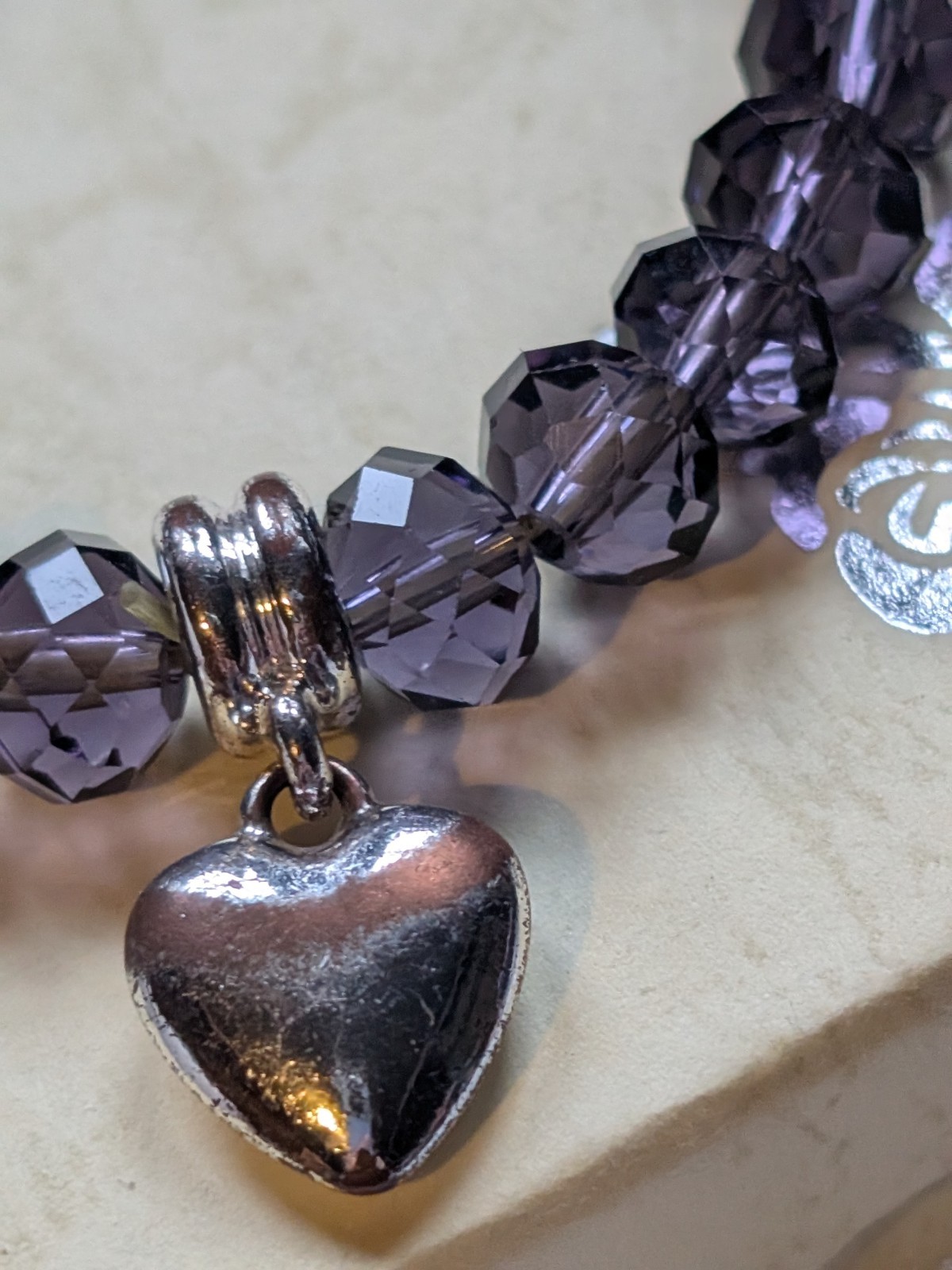 Purple Crystal Elasticated Faux Amethyst Bracelet 30g Love Heart Charm New/ Box