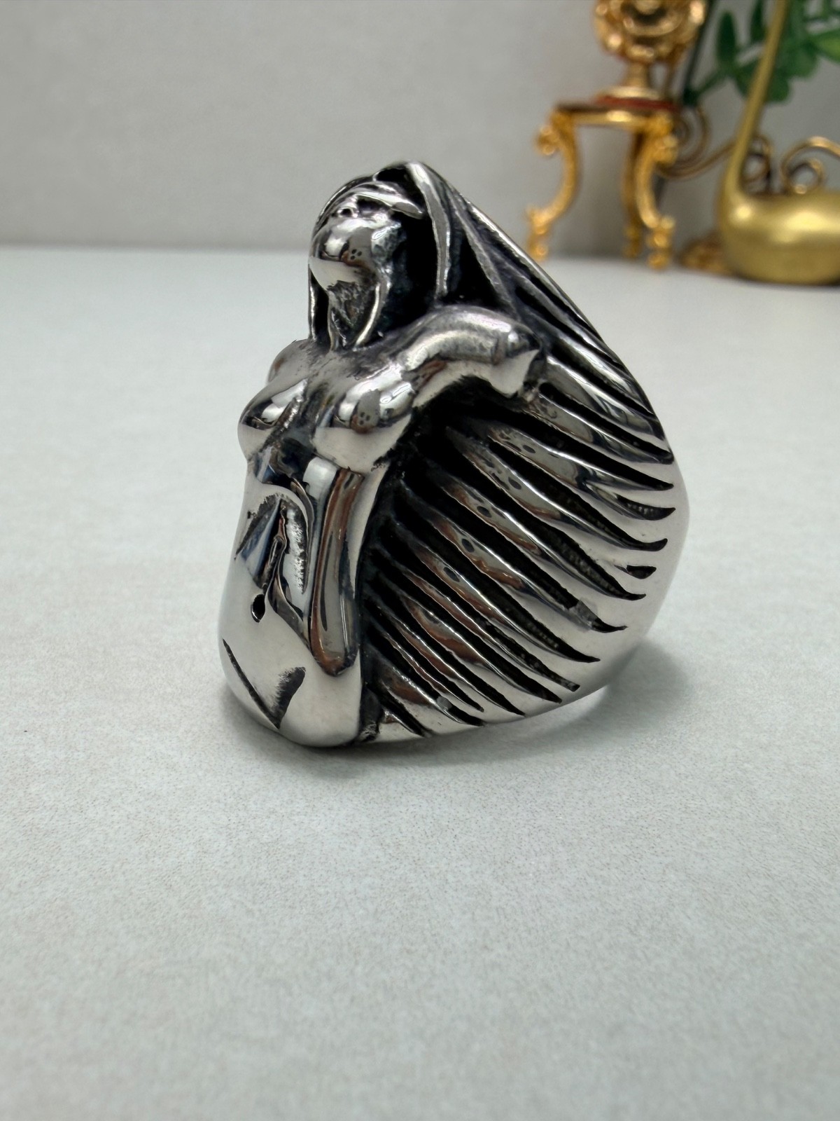 Stainless Steel Sculptural Nude Woman Art Ring Statement Biker Ring Unisex