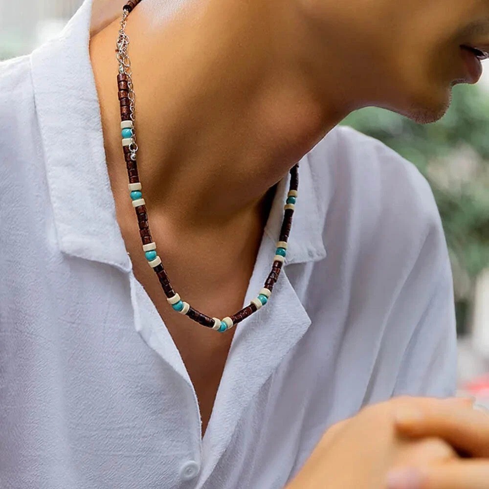 Mens Wood Beaded Necklace Turquoise Boho Surfer Choker Adjustable Chain Gift