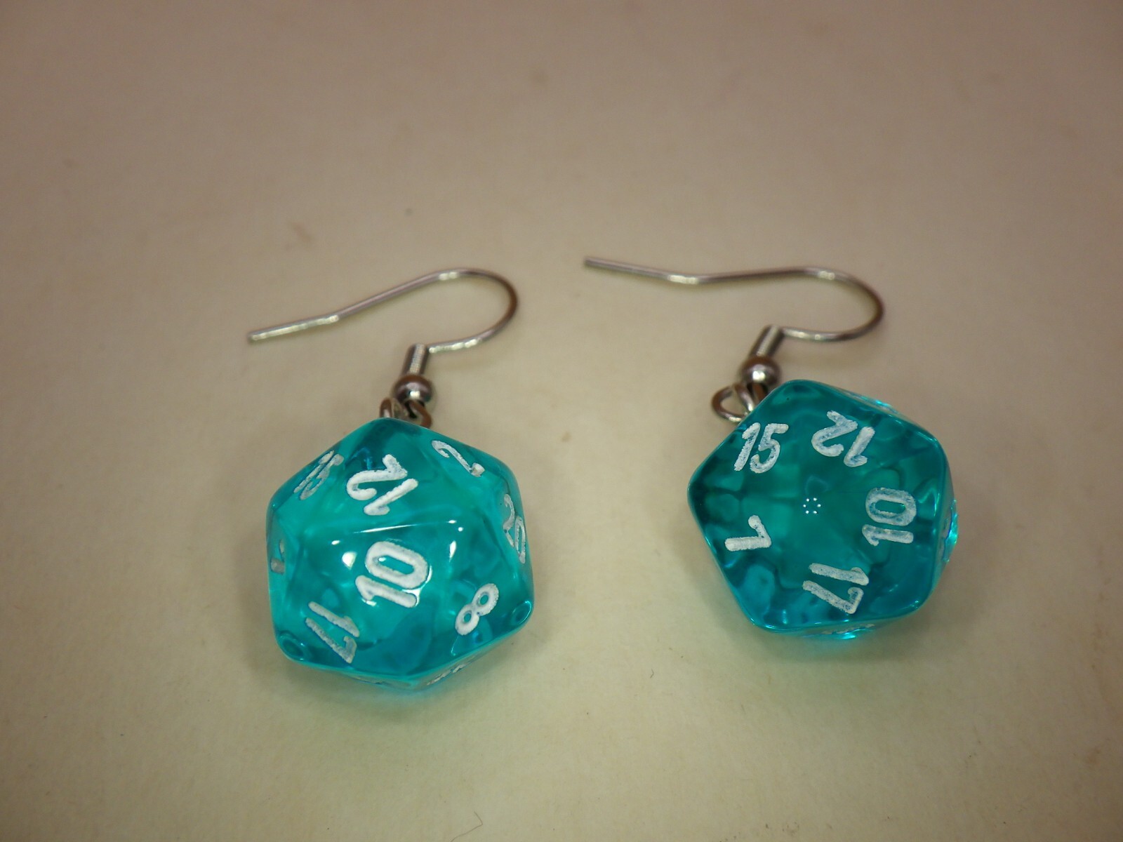 Translucent Teal White Mini D20 Stainless Steel Hook Dangle Style Dice Earrings