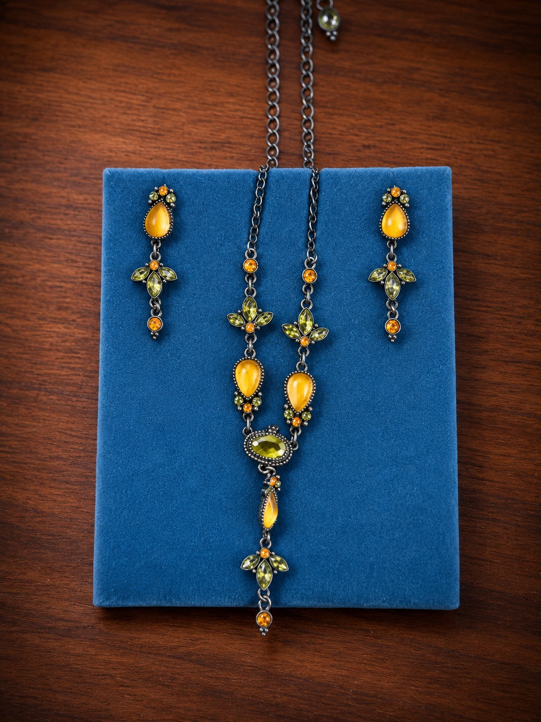 Vintage Necklace & Earrings Set Amber Green Rhinestone Gunmetal Tone Statement