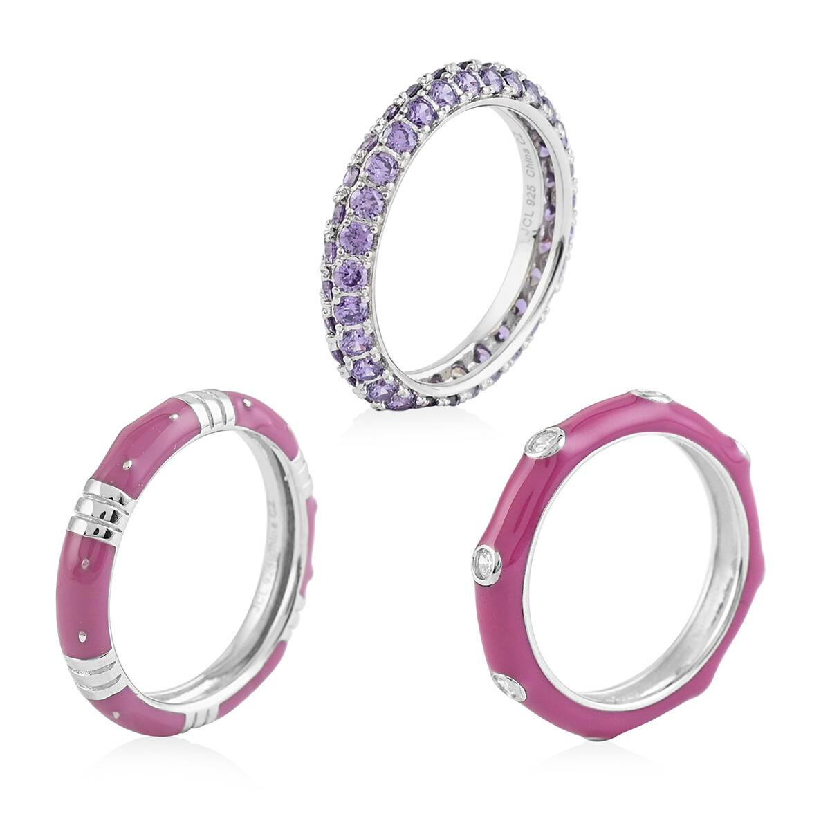 Set of 3 CZ and Lilac Enameled Band Ring Rhodium Plated 7.80ctw Size 5
