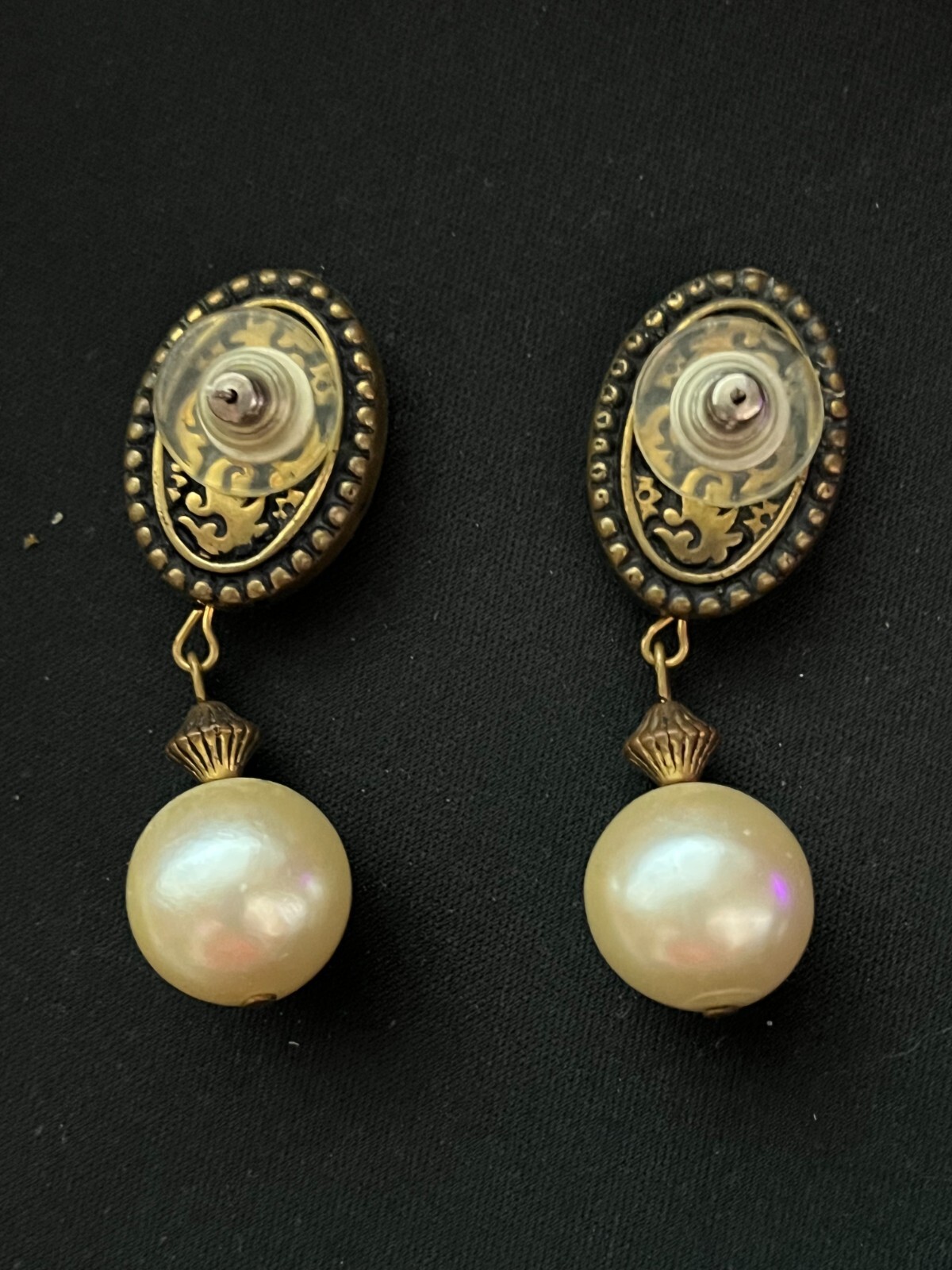 XL Faux pearl stud earrings gold metal filigree 2″ long approx 12 mm faux pearls