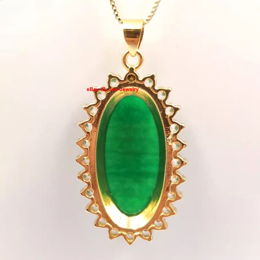 Yellow Plated Alloy Heated Oval Green Jade Pendant Vintage Chinese Style 48mm H
