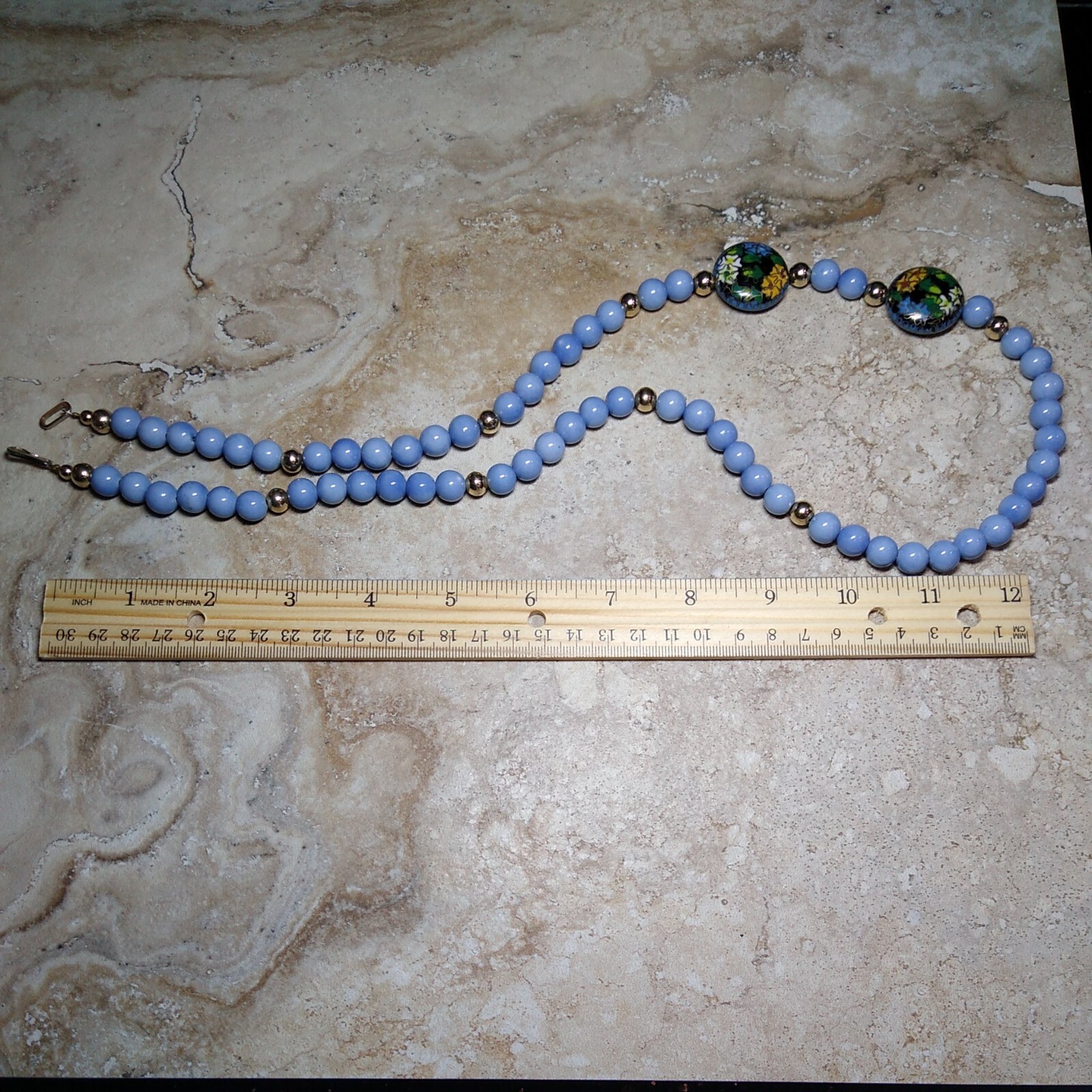 CERAMIC Bead Chinese CLOISONNE Lily Flower Ivy 20″ Necklace Periwinkle Tone EUC!