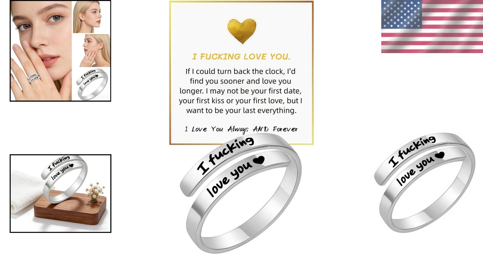 I Fcking Love You Ring, Stainless Steel Engraved Inspirational Words Heart Open