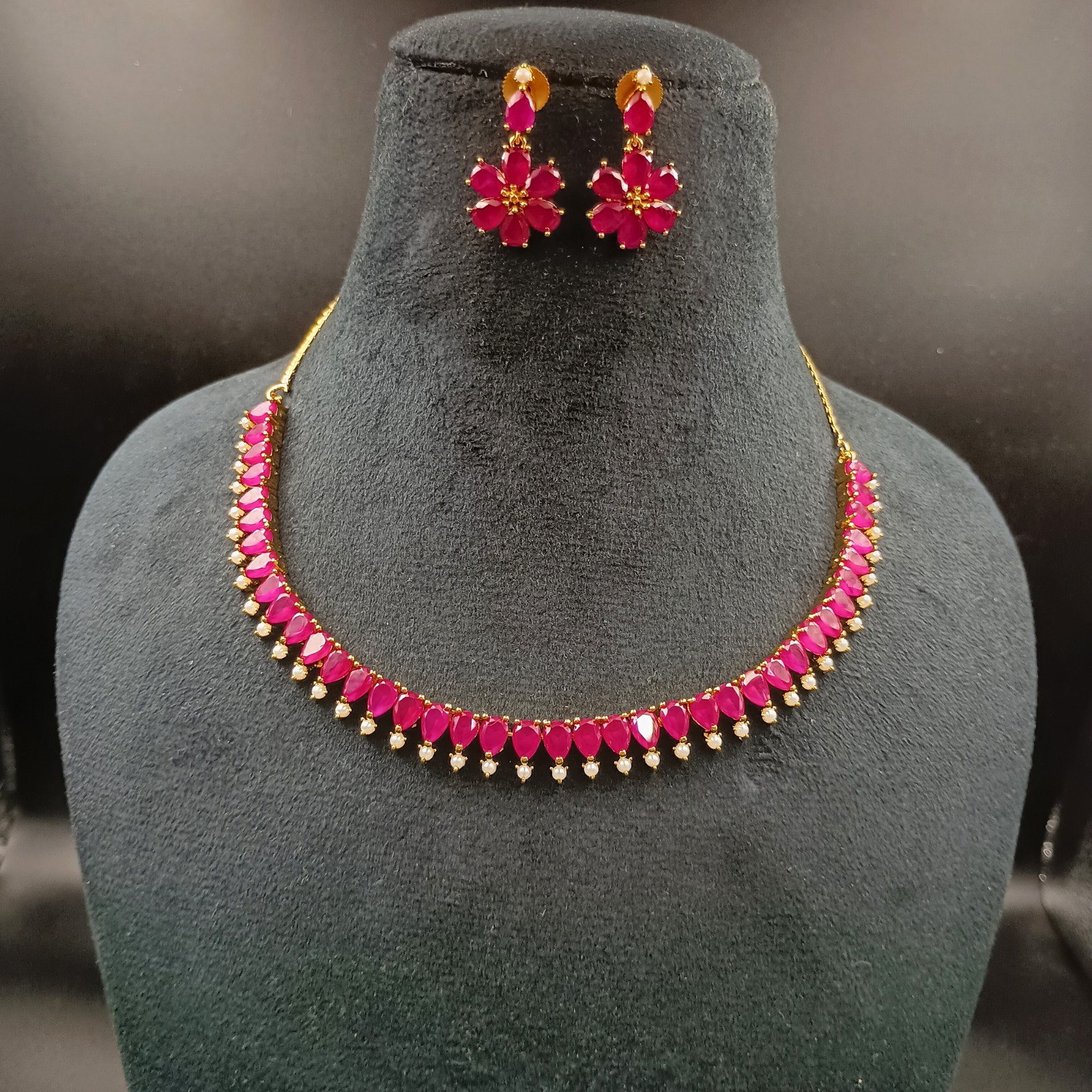 Ruby Pearl Necklace Set 22K Gold Plated Red Gemstone Anniversary Gift her