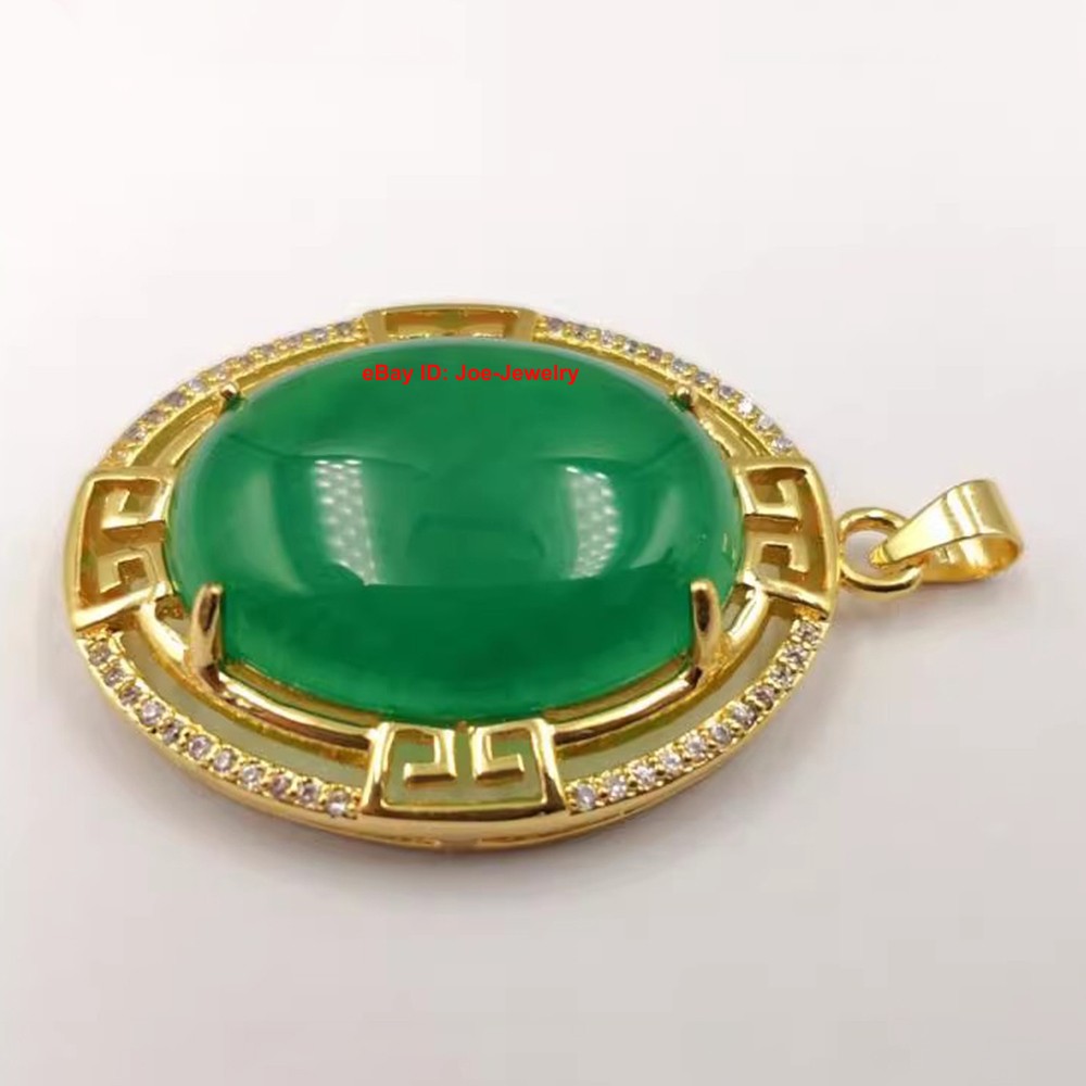 New Yellow Plated Alloy Heated Oval Green Jade Pendant 40mm H Bright