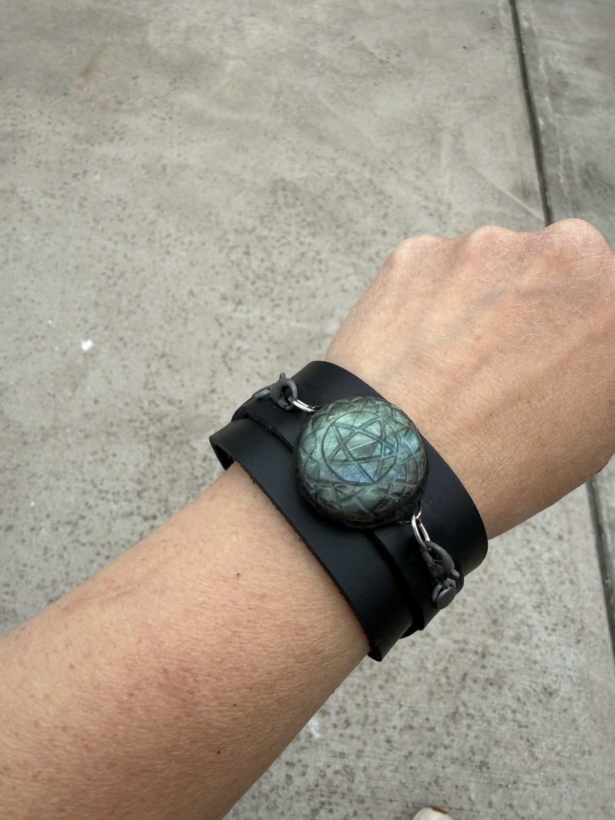 Black vegan Leather Wide Cuff Bracelet w/ Buckle Closure, Adjustable labradorite