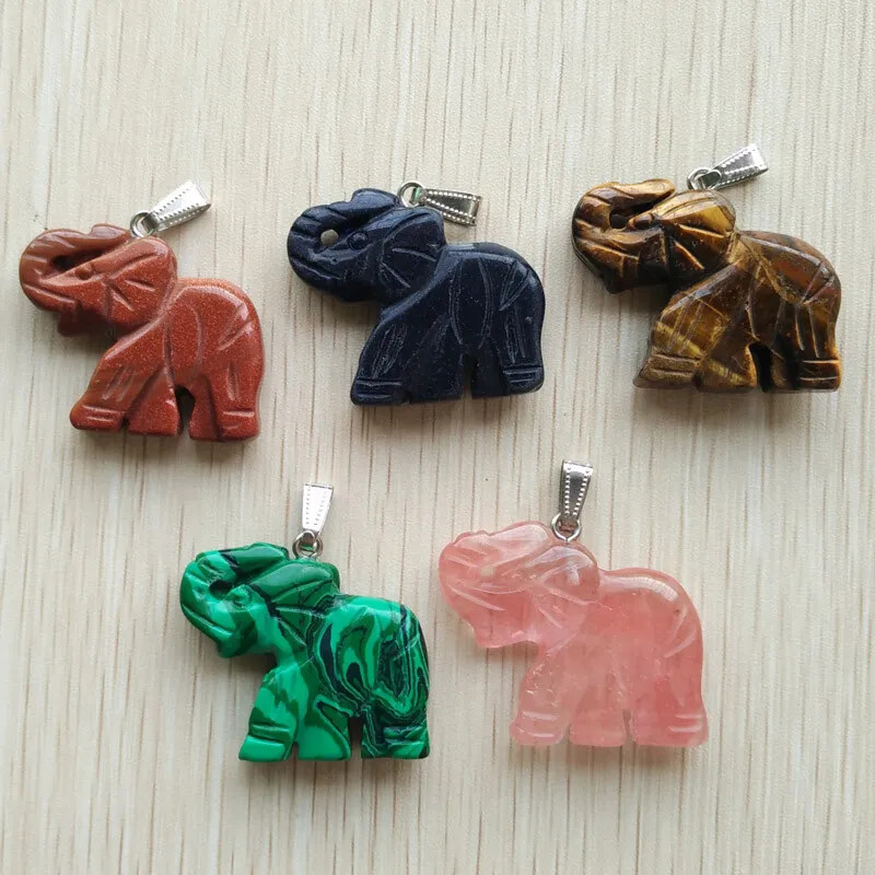 Mixed Natural Stone Carved Elephant Charms Jewelry Making Pendants 10pcs/lot
