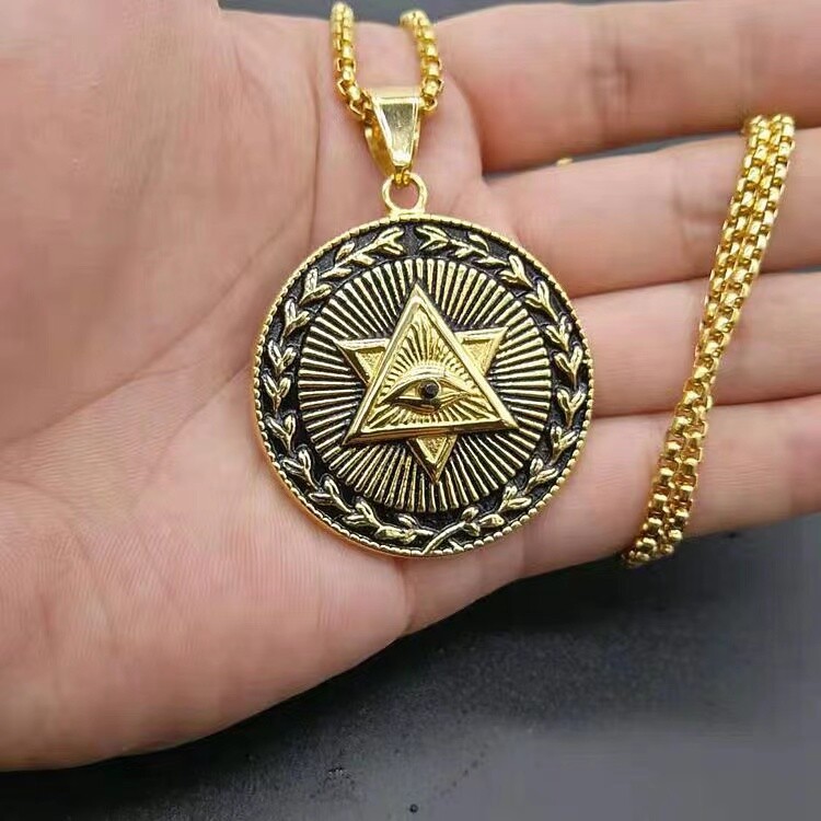 Gold Pyramid All Seeing Eye Pendant Necklace Punk Biker Jewelry Men Unisex 24″