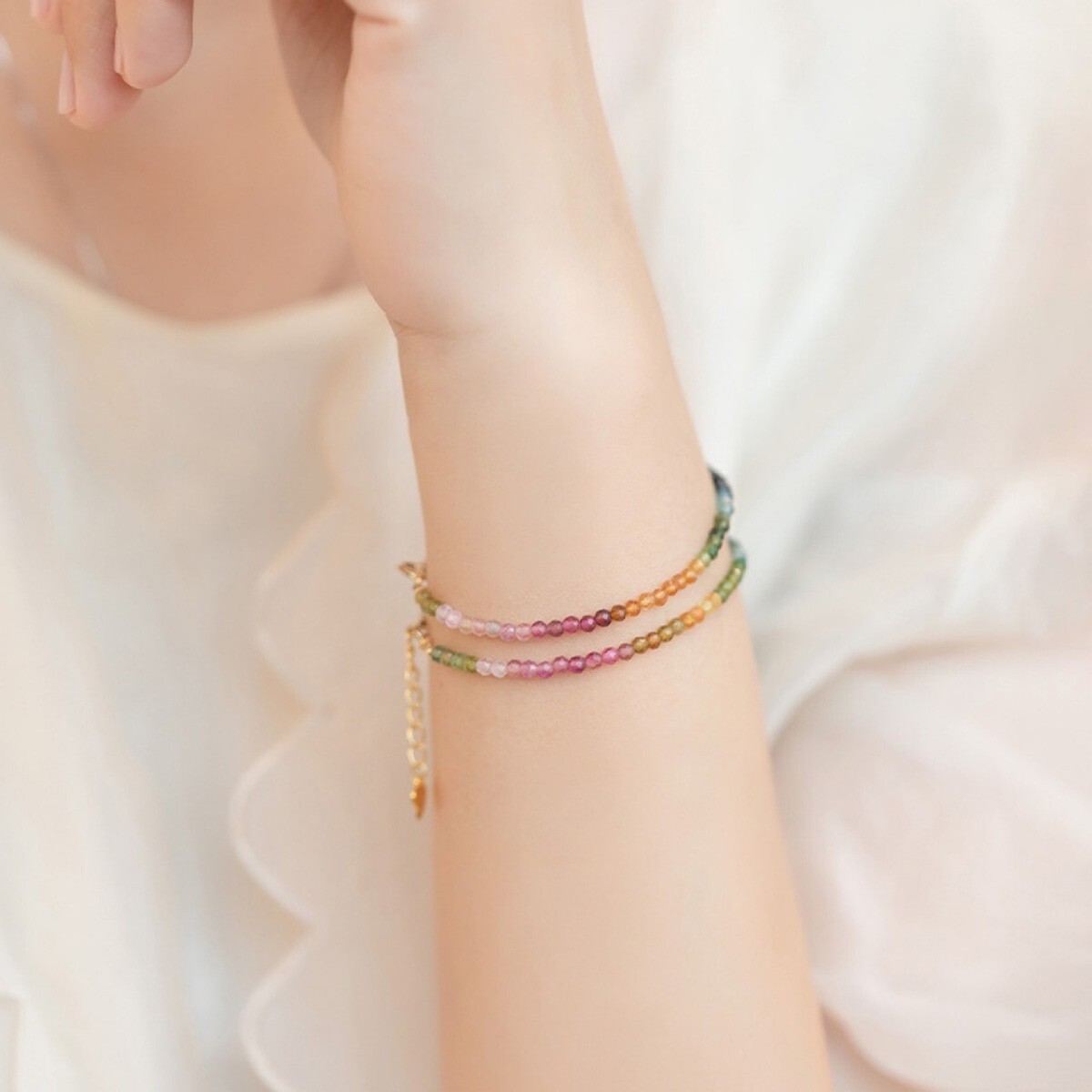 Rainbow Tourmaline Crystal Gemstone Dainty Bracelet Minimalist 2mm Faceted Beads