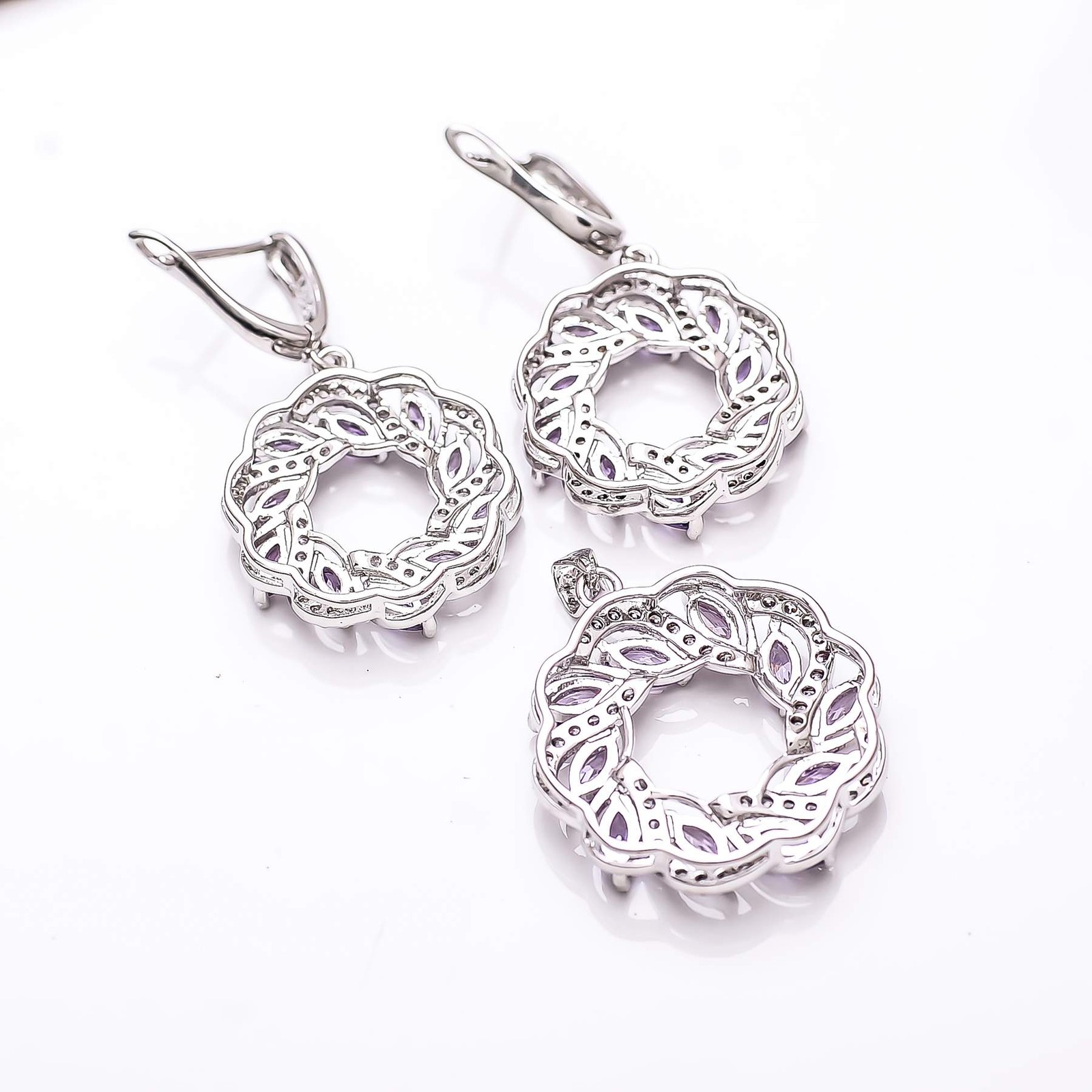Purple Amethyst & CZ Gemstone 925 Sterling Silver Pendant Earring Set PS82821