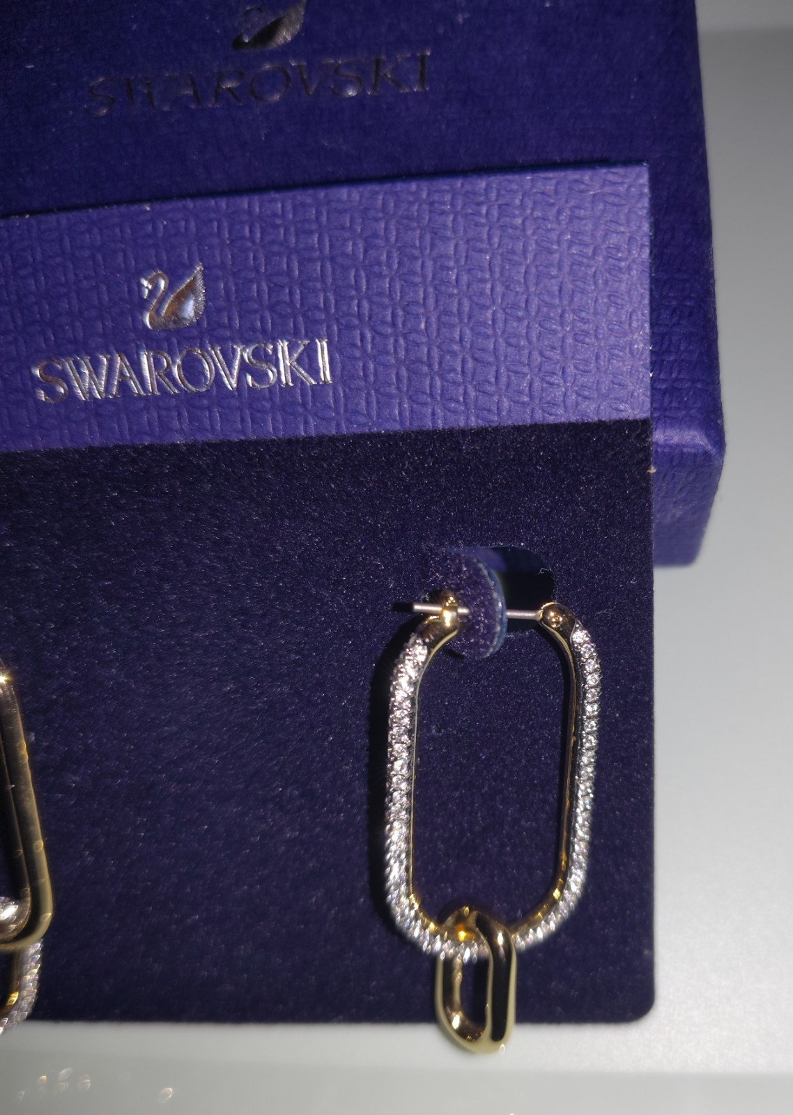 Swarovski Signed SWAN Pave Crystal Time Hoop Earrings Gold Tone Asymmetrical