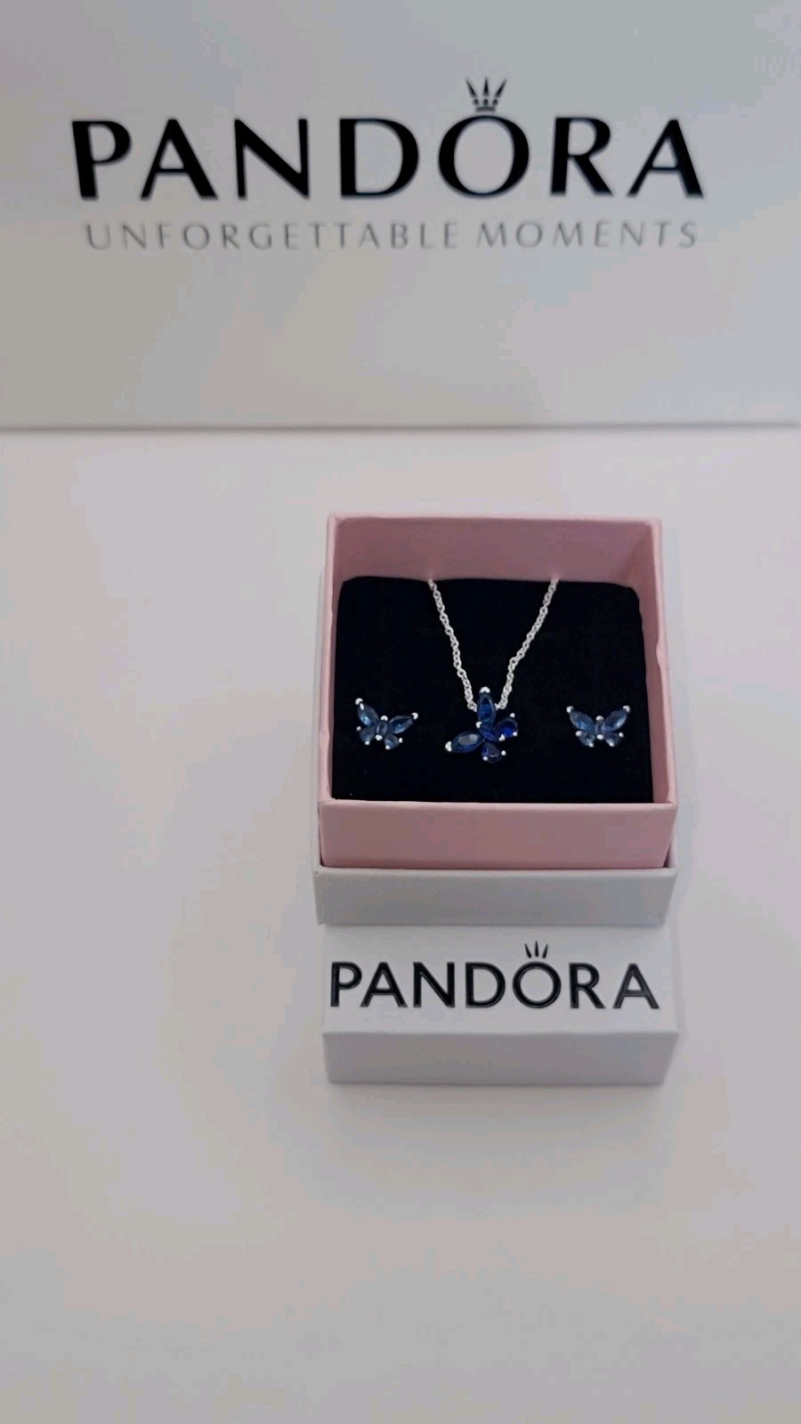 Authenti PANDORA 925 Sparkling Blue Butterfly Earrings Necklace Gift Set Z6