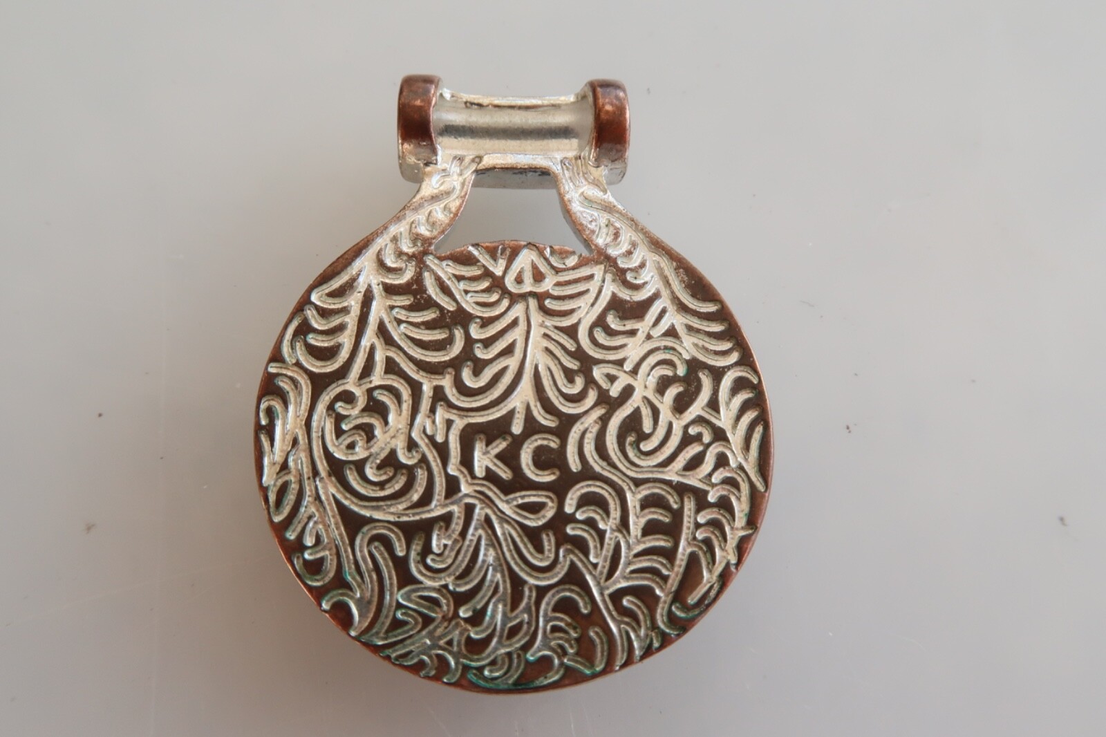 Clear White Iridescent Silver Tone Pendant Marked KC