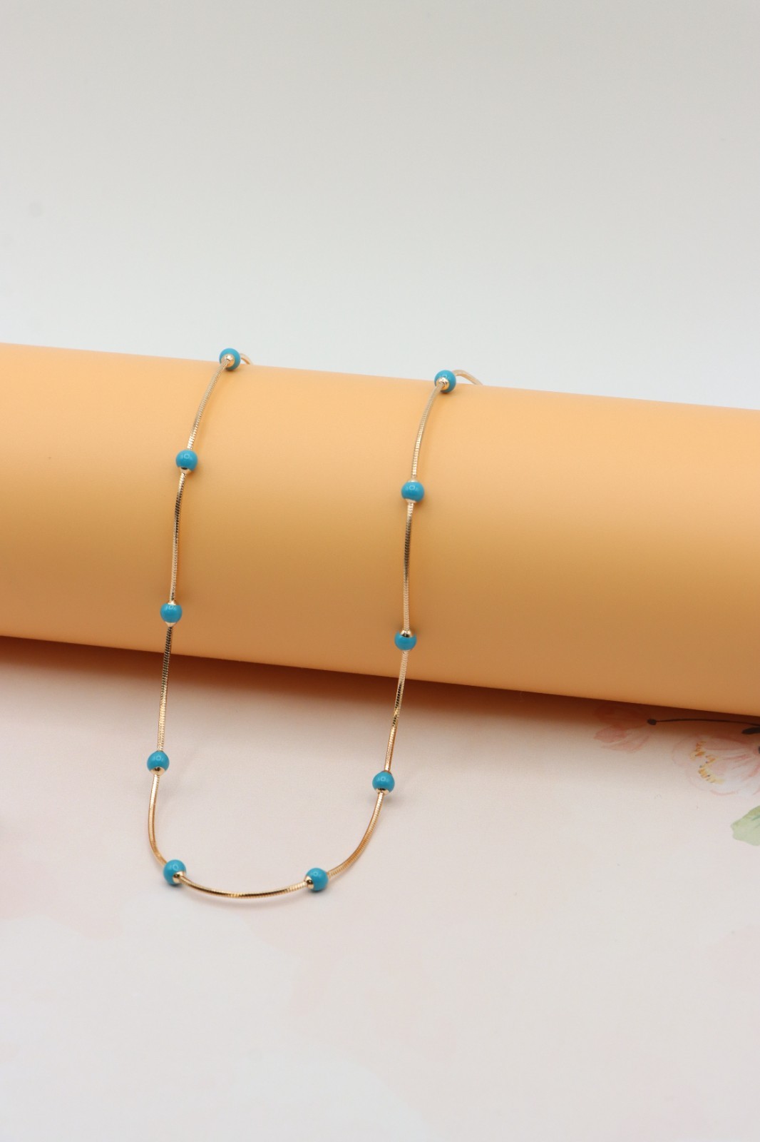 Rose Gold Chain Necklace with Blue Beads Elegant Style, XPNL0256