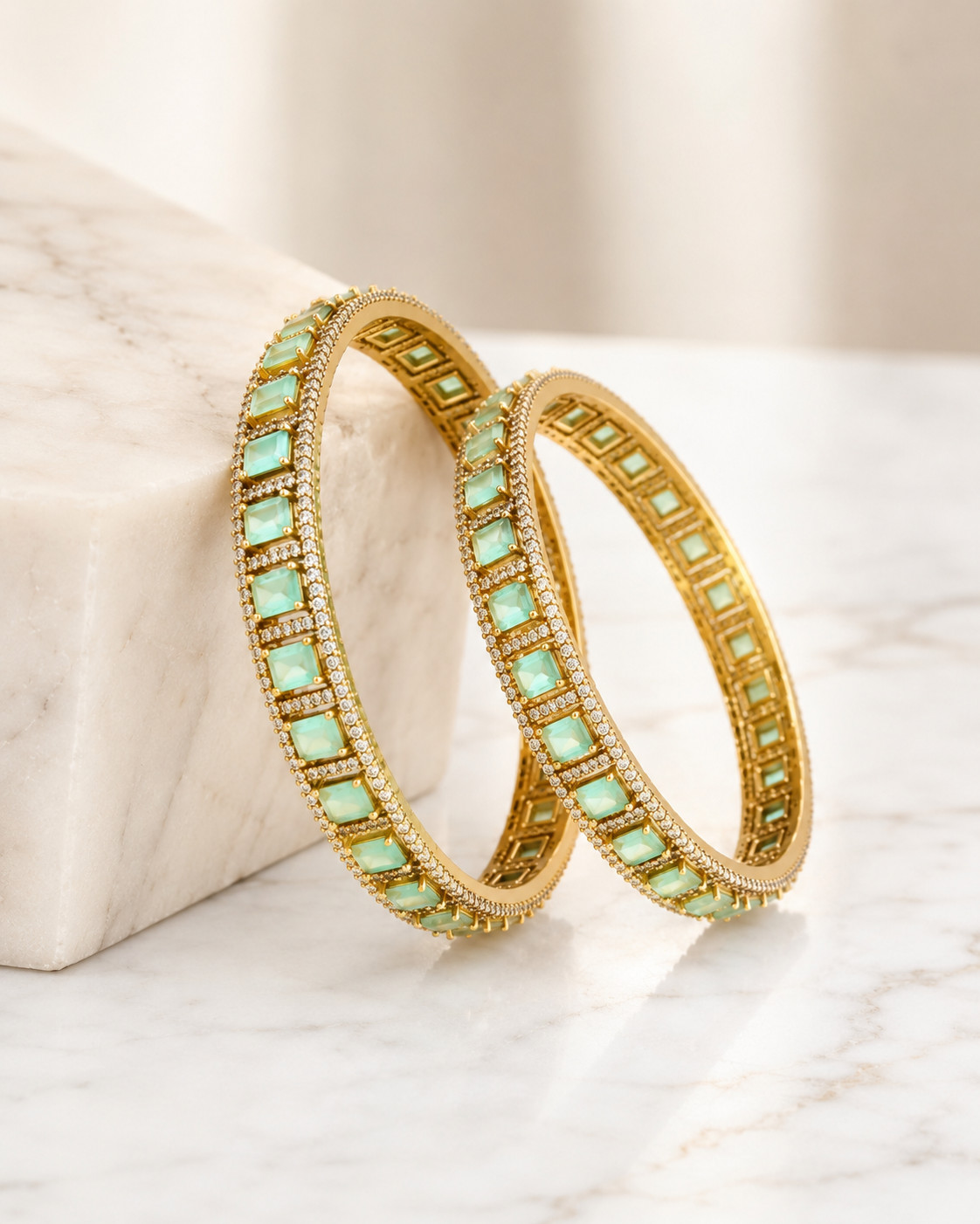 Mint Green CZ Gold Tone Bangle Bracelet Set of 2 Indian Pakistani Jewelry 2.10