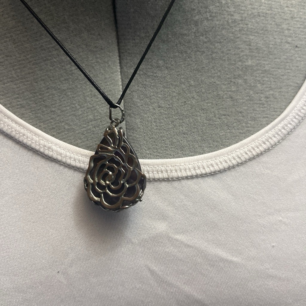 Purple Amethyst Teardrop Charm Pendant Necklace, Black Cord, Silver, Lobster