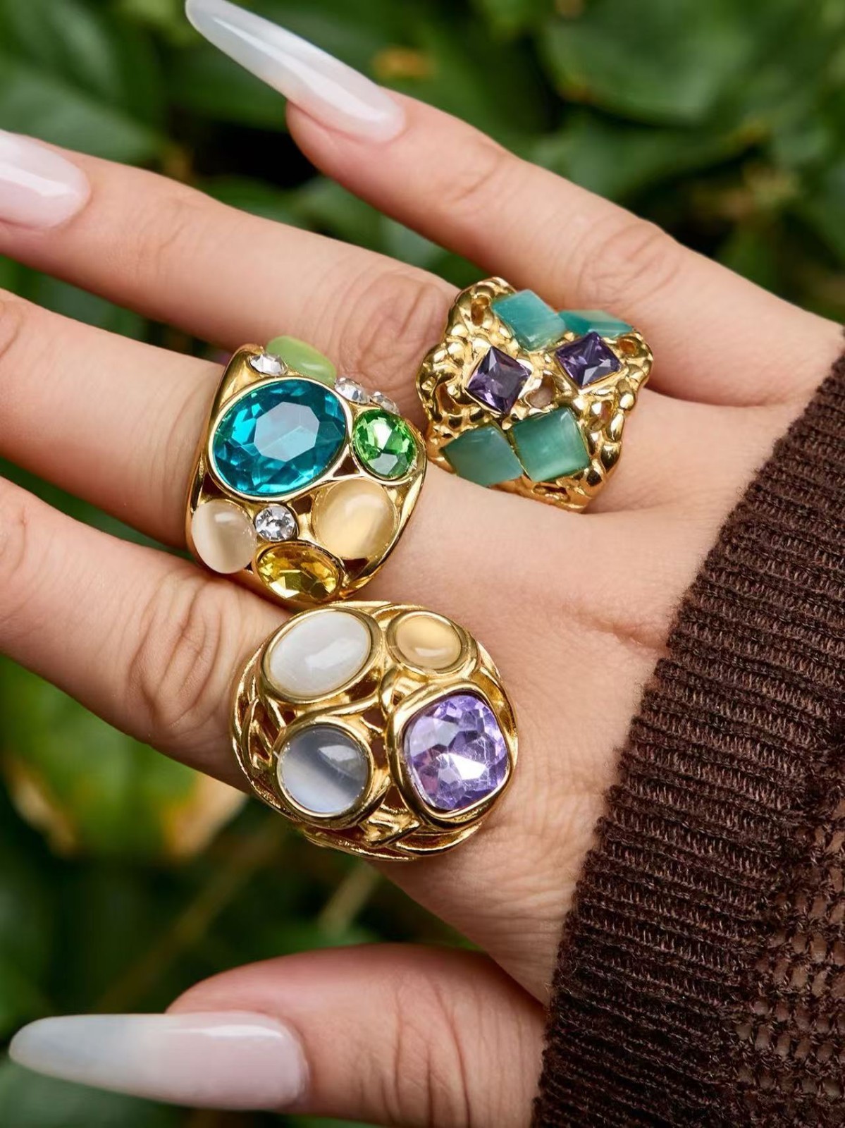 Woman 18k Gold Plated Simulated Opal Multicolor CZ Band Ring Anti-tarnish 7/8/9