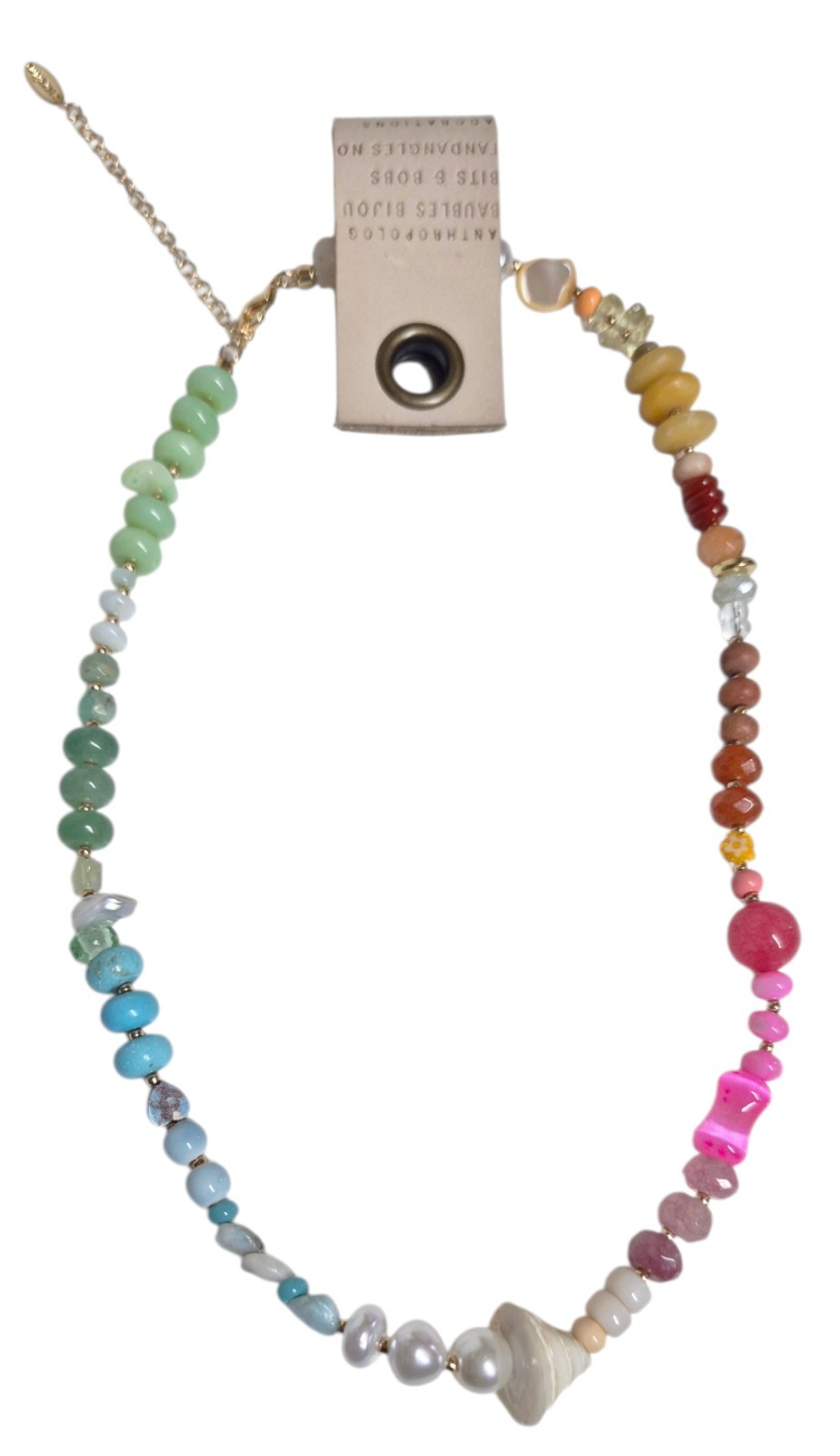 Anthropologie Beaded Shell Charm Necklace Multi-Color Gold Plated Brass New