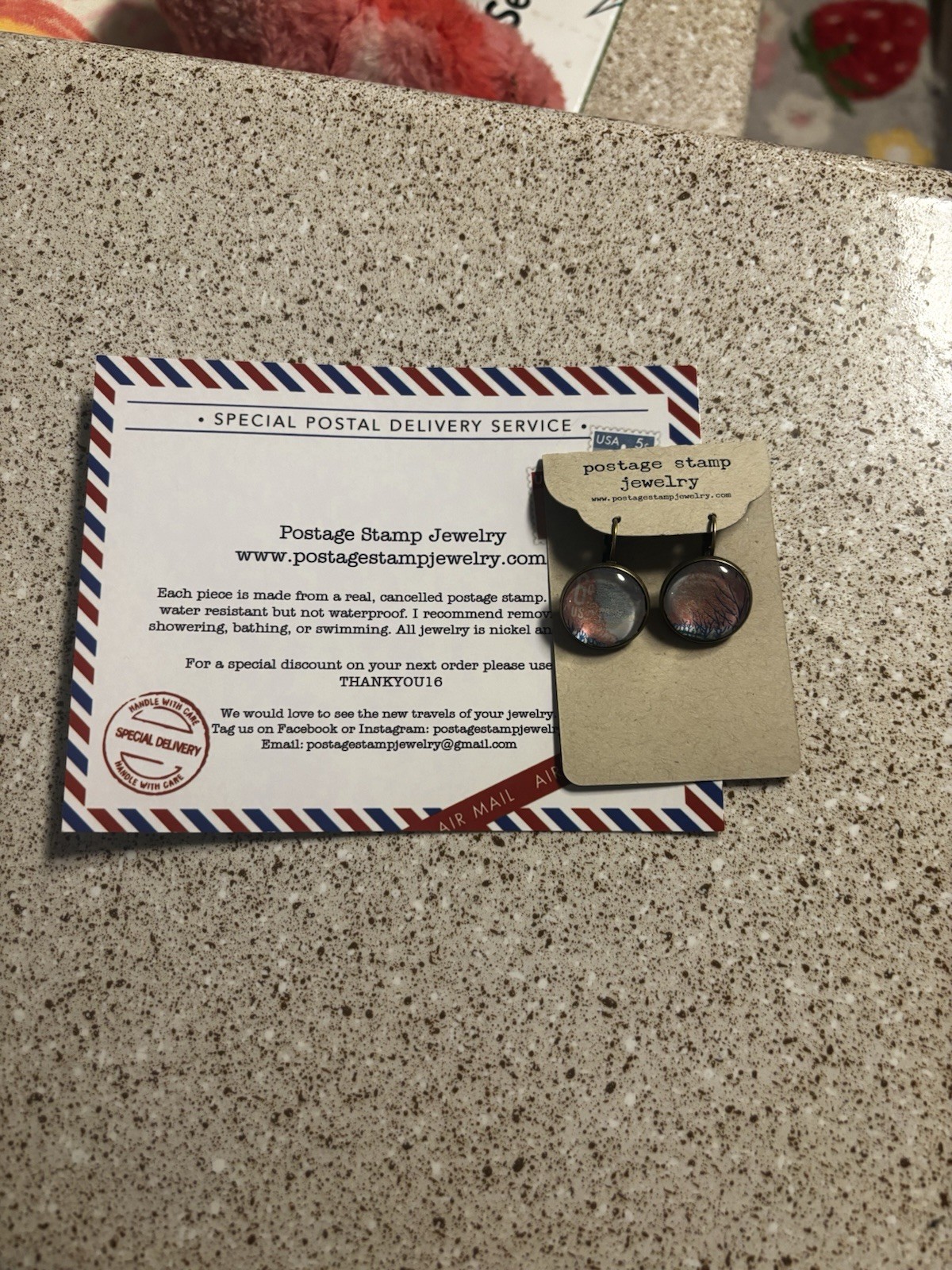 Postage Stamp Jewelry: Pink, Blue And White Earrings