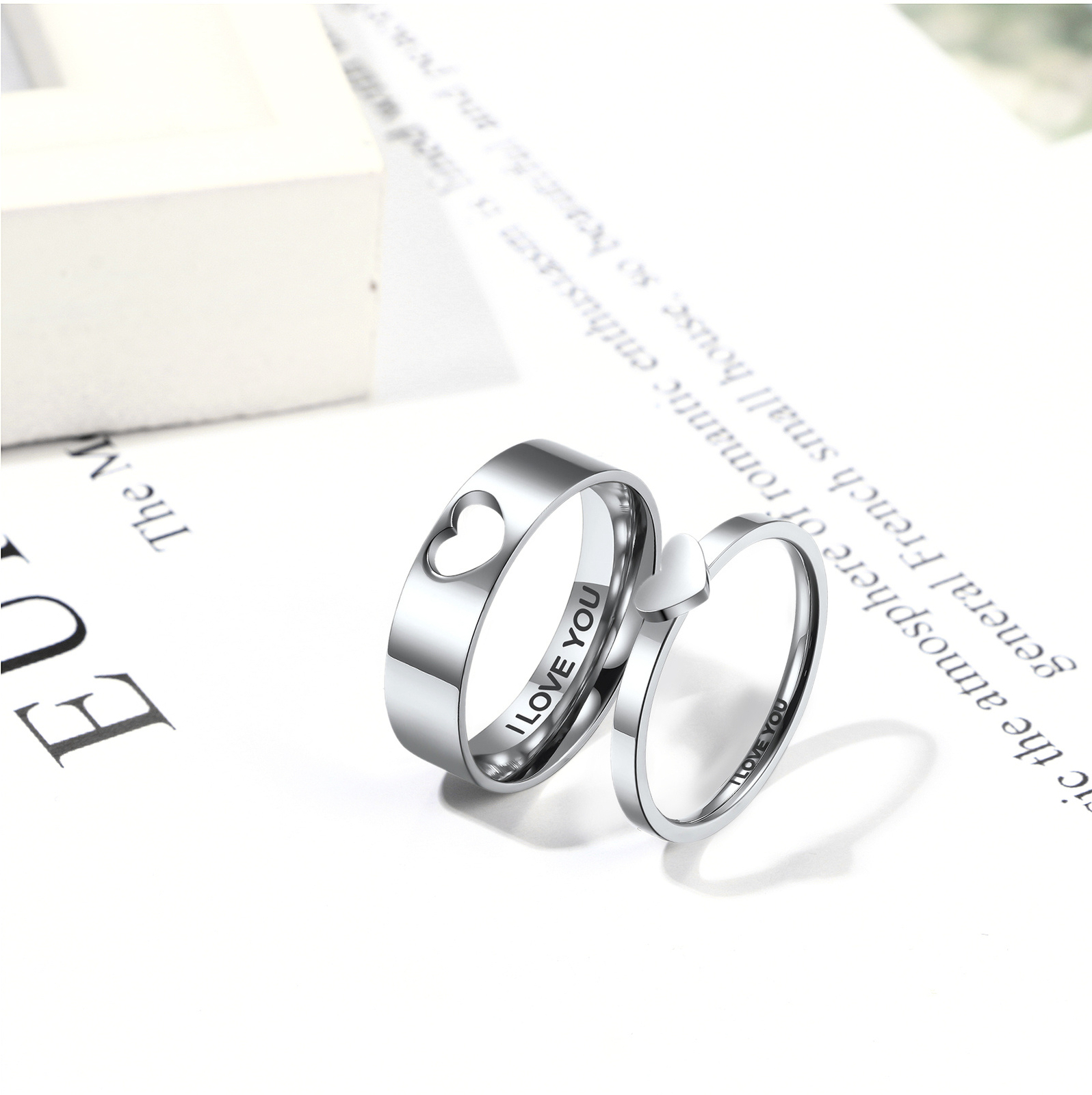 2pcs Couple Matching Heart Promise Rings I Love You Engagement Wedding Band Gift