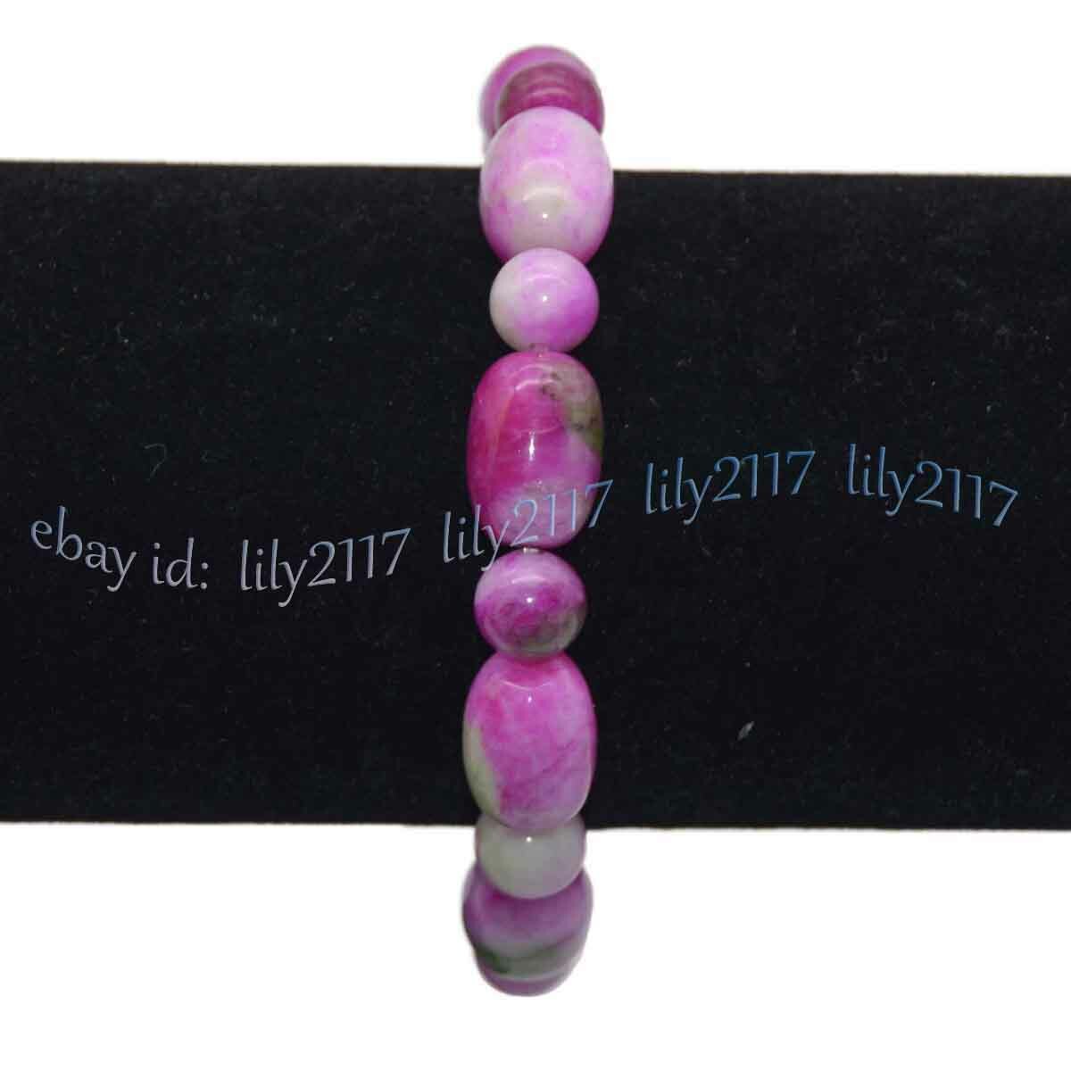 10x14mm Barrel 8mm Round Red Green Multicolor Jade Gems Elastic Bracelet 7.5”