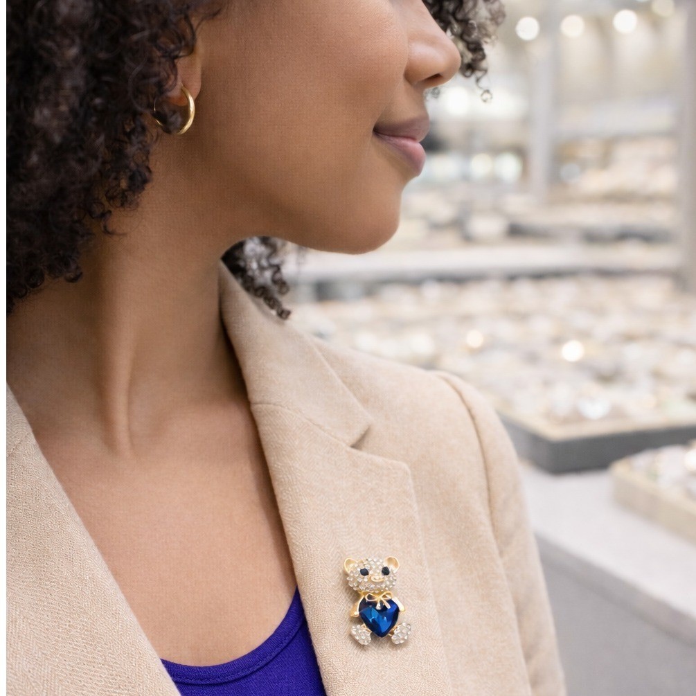 Teddy Bear Heart Crystal Brooch Gold Tone Blue Rhinestone Scarf Pin Gift Box
