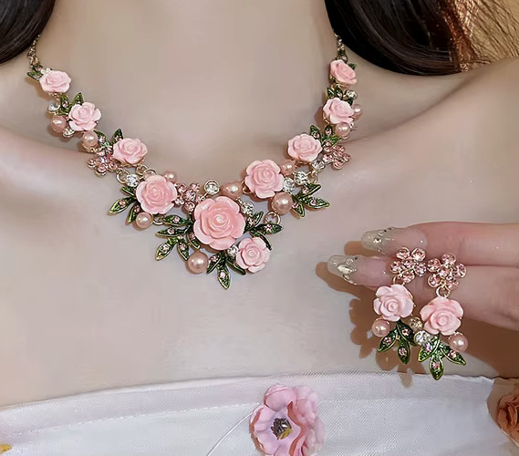 Pink ROSE Flowers PEARL Choker Rhinestone Betsey Johnson Necklace Earring SET