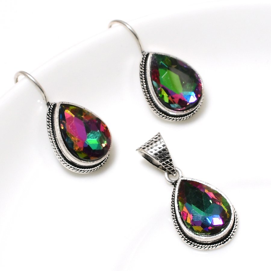 Mystic Quartz 925 Silver Plated Handmade Pendant & Earrings Set of 25″