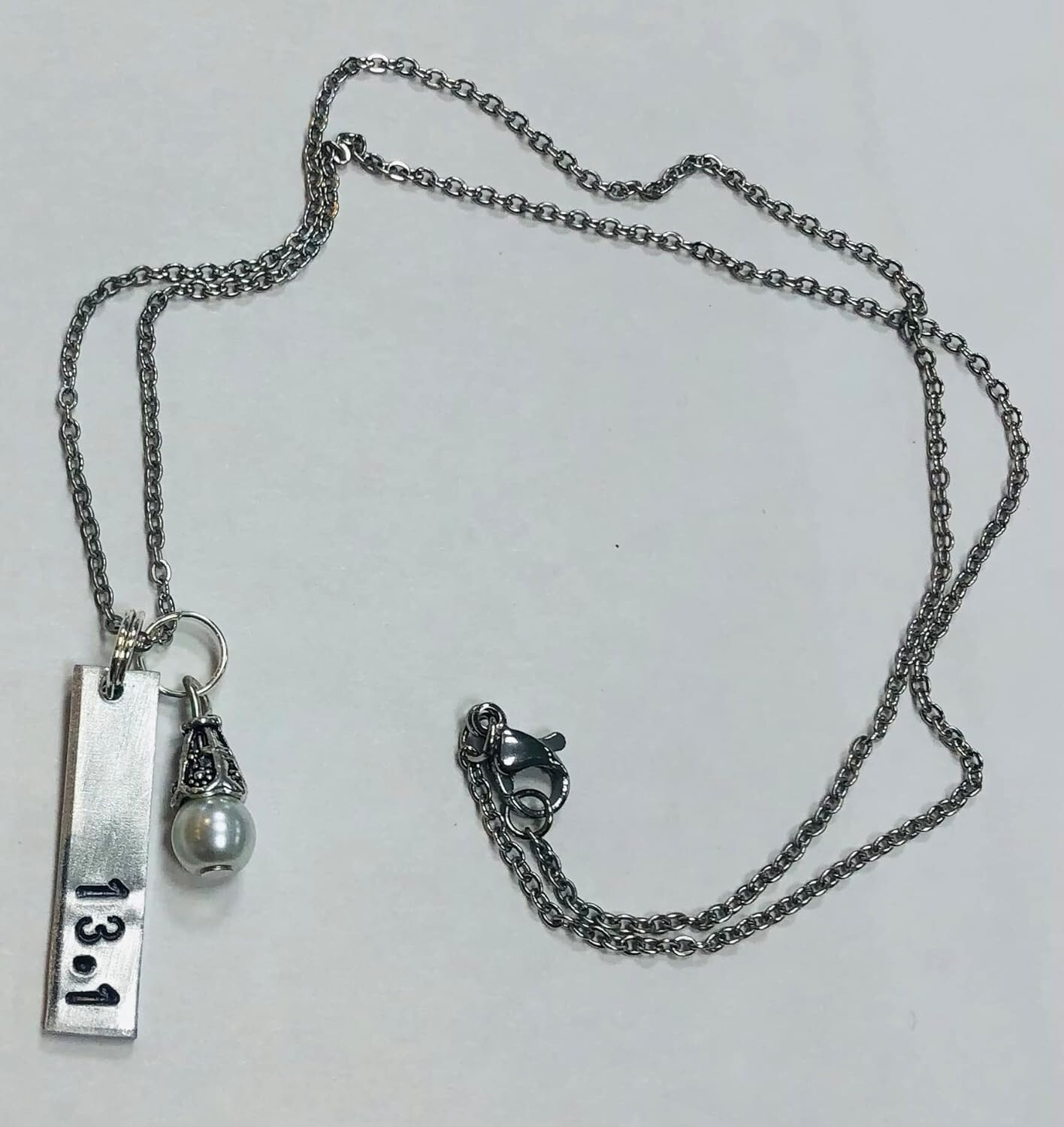 13.1 Half Marathon Runners Handstamped Bar Necklace with pearl, on 18 inch chain
