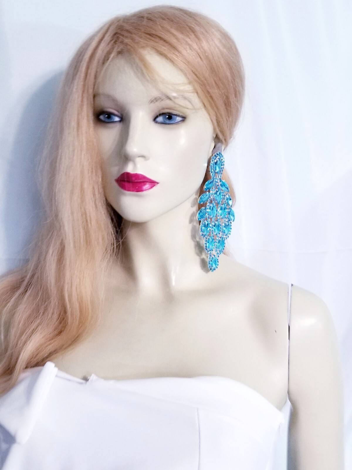 PIERCED Drop Dangle Chandelier Earrings 5.4 inch Aqua Rhinestone Pageant Prom