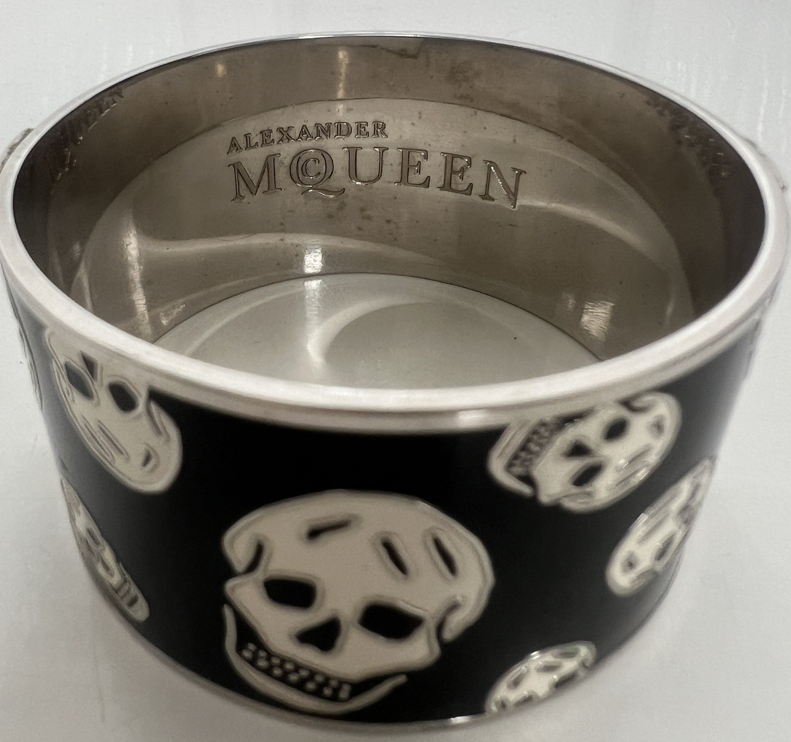 Alexander McQueen Skull Logo Icon Black White Enamel Silver Cuff Bracelet